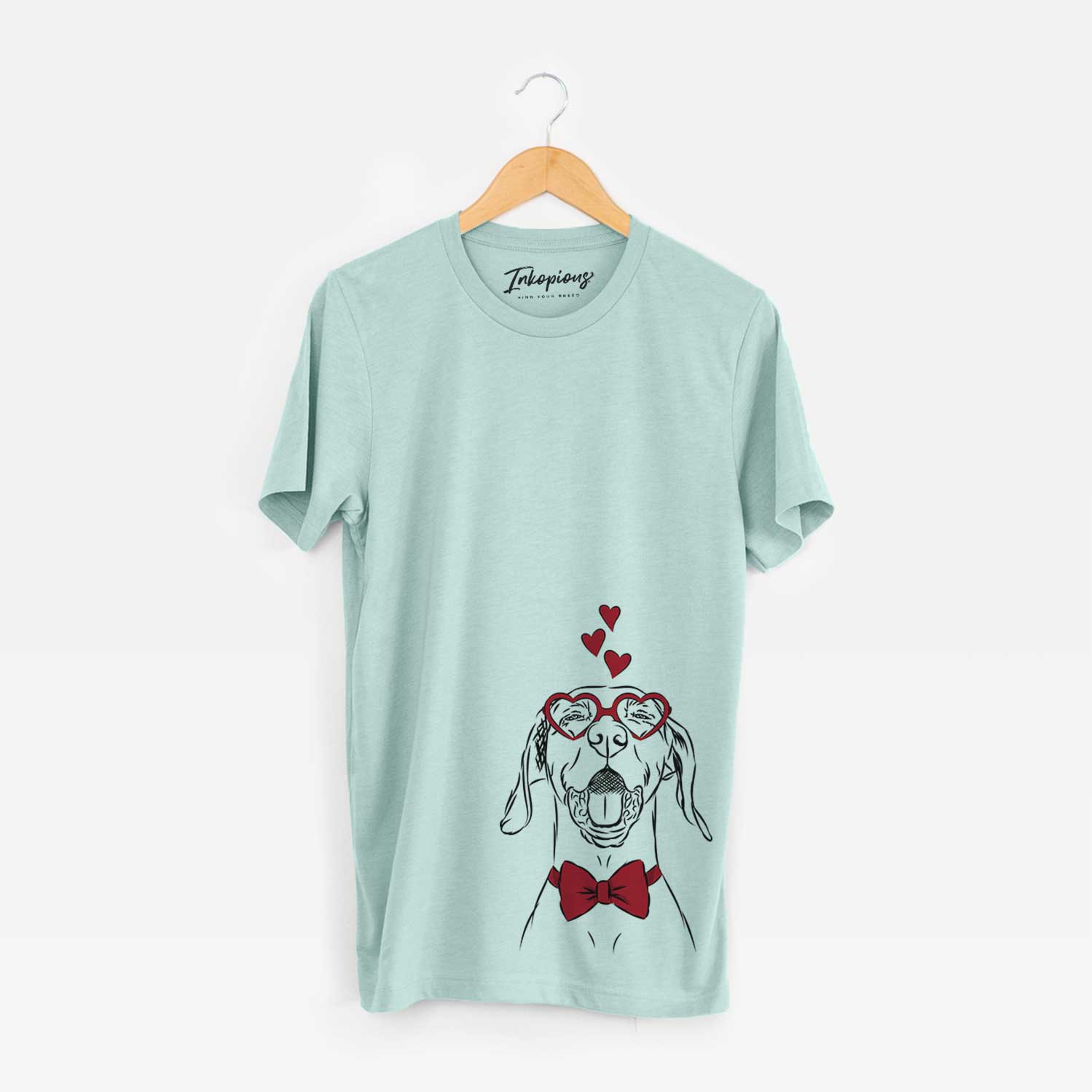 Hand-drawn sketch of Ollie the Vizsla wearing heart-shaped glasses on a Heather Sage Bella Canvas Unisex Crewneck