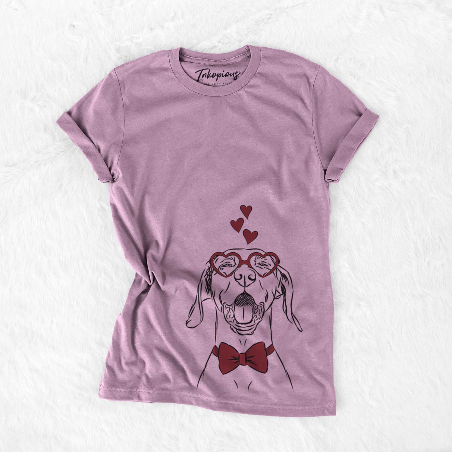 Hand-drawn sketch of Ollie the Vizsla wearing heart-shaped glasses on an Orchid Bella Canvas Unisex Crewneck
