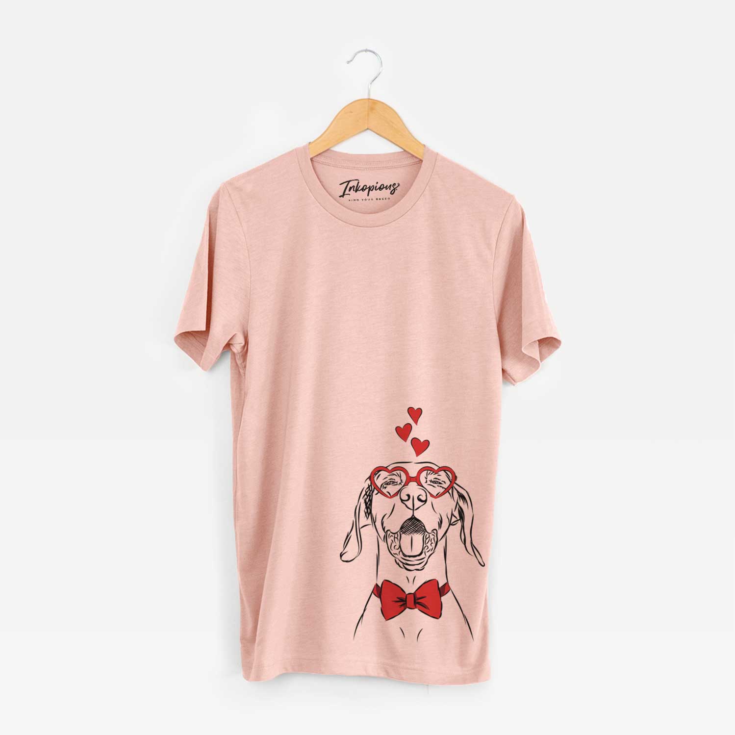 Hand-drawn sketch of Ollie the Vizsla wearing heart-shaped glasses on a Peach Unisex crewneck