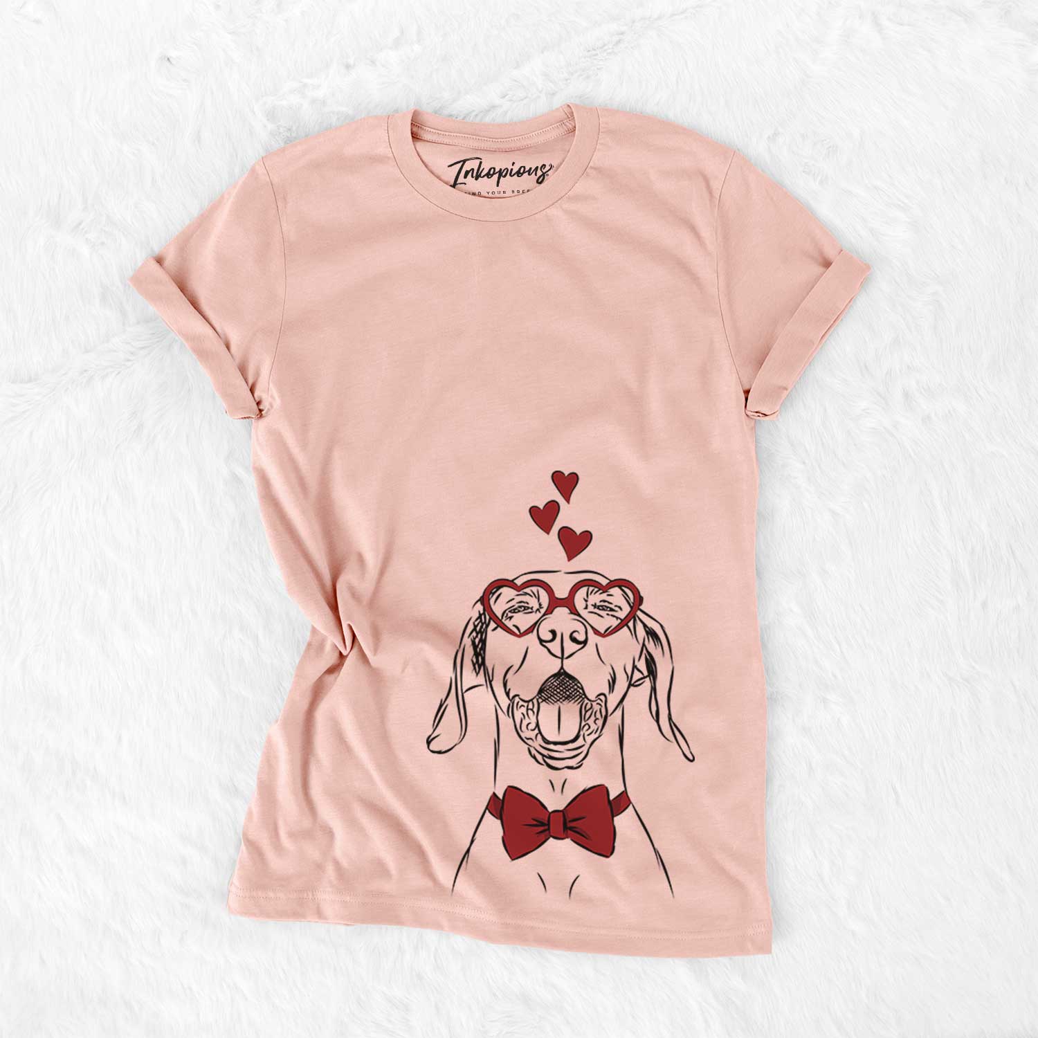 Hand-drawn sketch of Ollie the Vizsla wearing heart-shaped glasses on a Peach Bella Canvas Unisex Crewneck