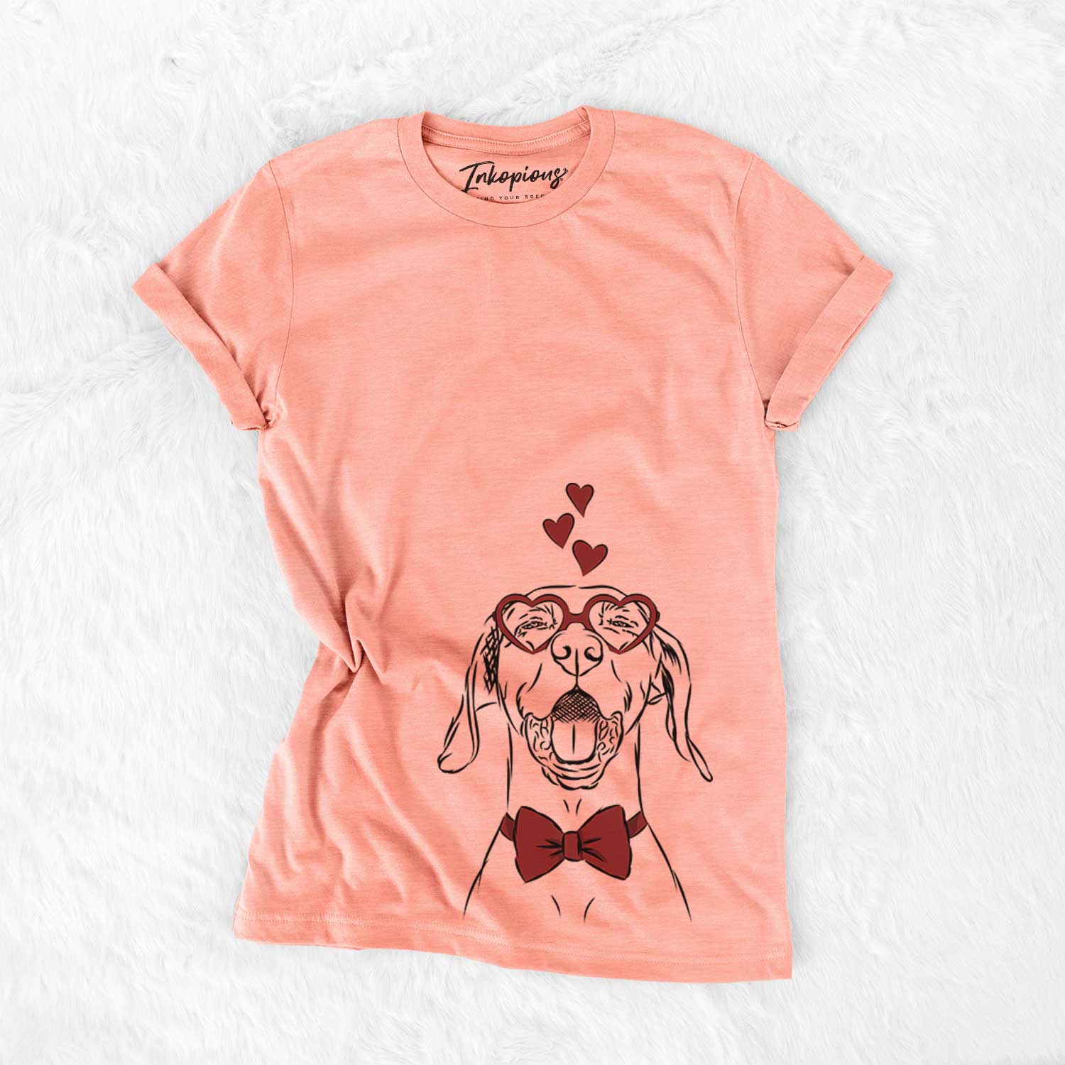 Hand-drawn sketch of Ollie the Vizsla wearing heart-shaped glasses on a Sunset Bella Canvas Unisex Crewneck