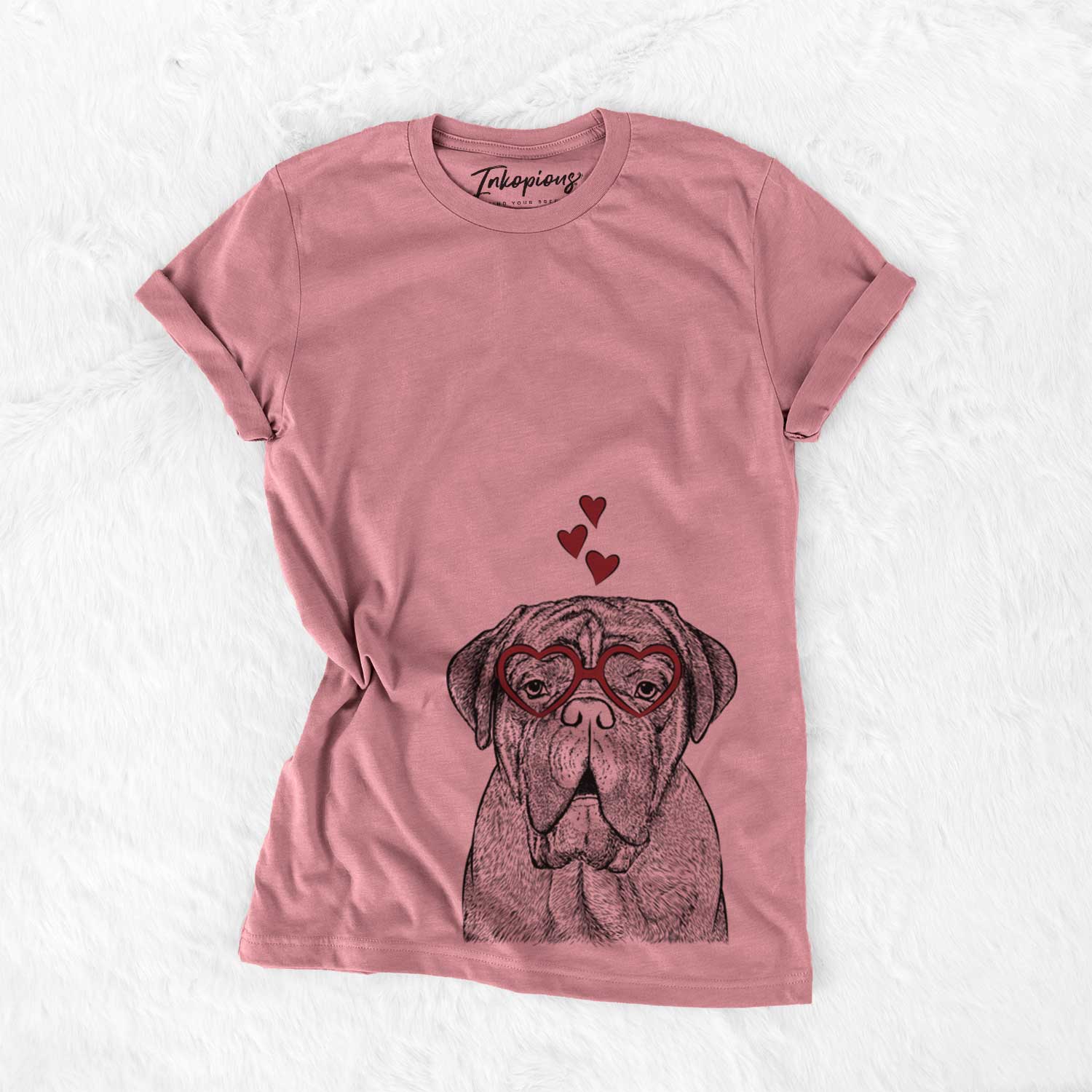 Hand-drawn sketch of Optimus the Dogue de Bordeaux wearing heart-shaped glasses on a Mauve Bella Canvas Unisex Crewneck