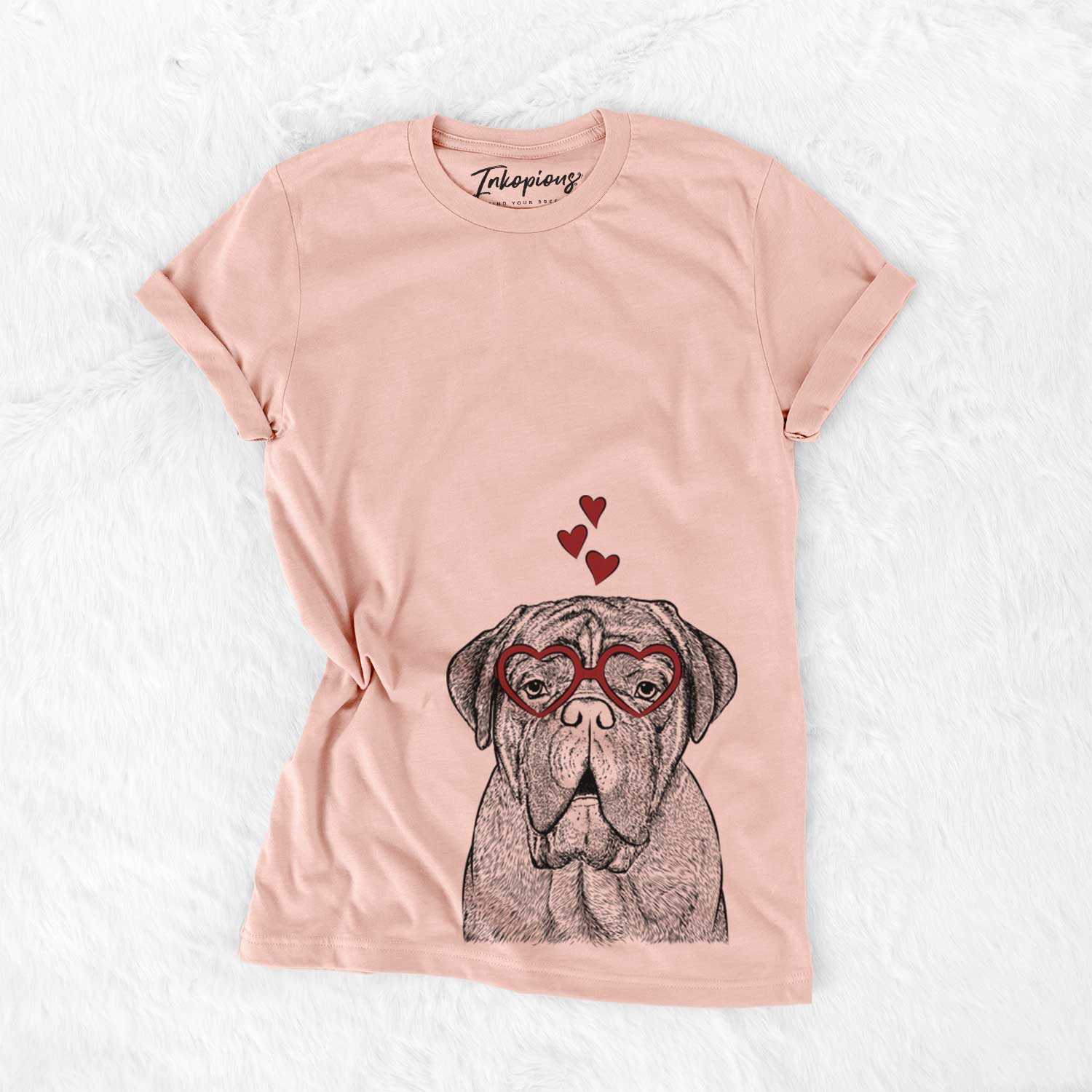 Hand-drawn sketch of Optimus the Dogue de Bordeaux wearing heart-shaped glasses on a Peach Bella Canvas Unisex Crewneck