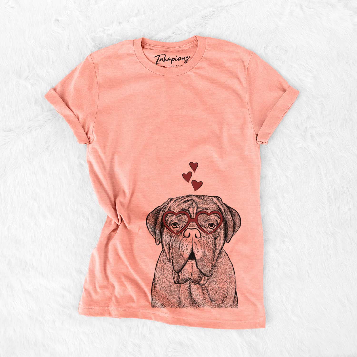Hand-drawn sketch of Optimus the Dogue de Bordeaux wearing heart-shaped glasses on a Sunset Bella Canvas Unisex Crewneck