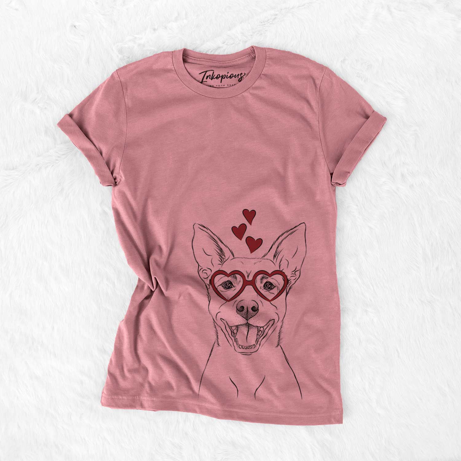 Hand-drawn sketch of Orange the Carolina Dog wearing heart-shaped glasses on a Mauve Bella Canvas Unisex Crewneck