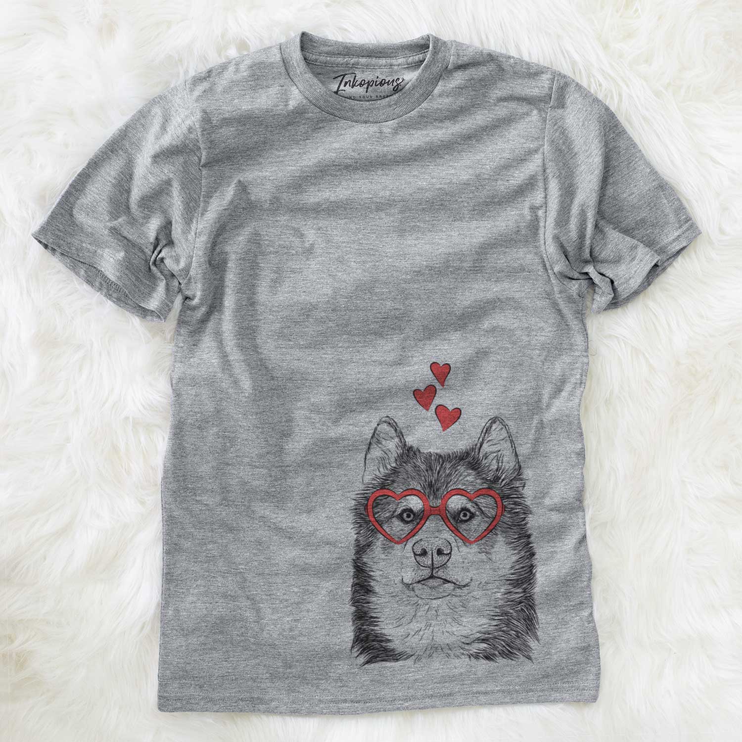 Hand-drawn sketch of Oskar the Canadian Eskimo Dog wearing heart-shaped glasses on a Grey Unisex crewneck