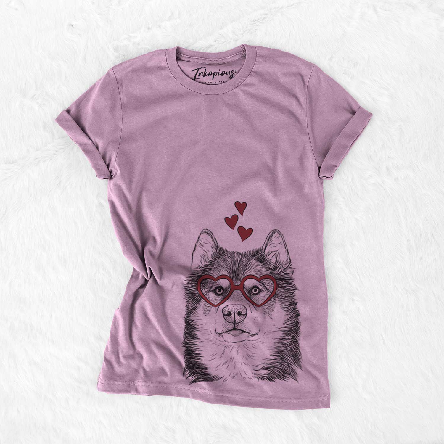 Hand-drawn sketch of Oskar the Canadian Eskimo Dog wearing heart-shaped glasses on an Orchid Bella Canvas Unisex Crewneck