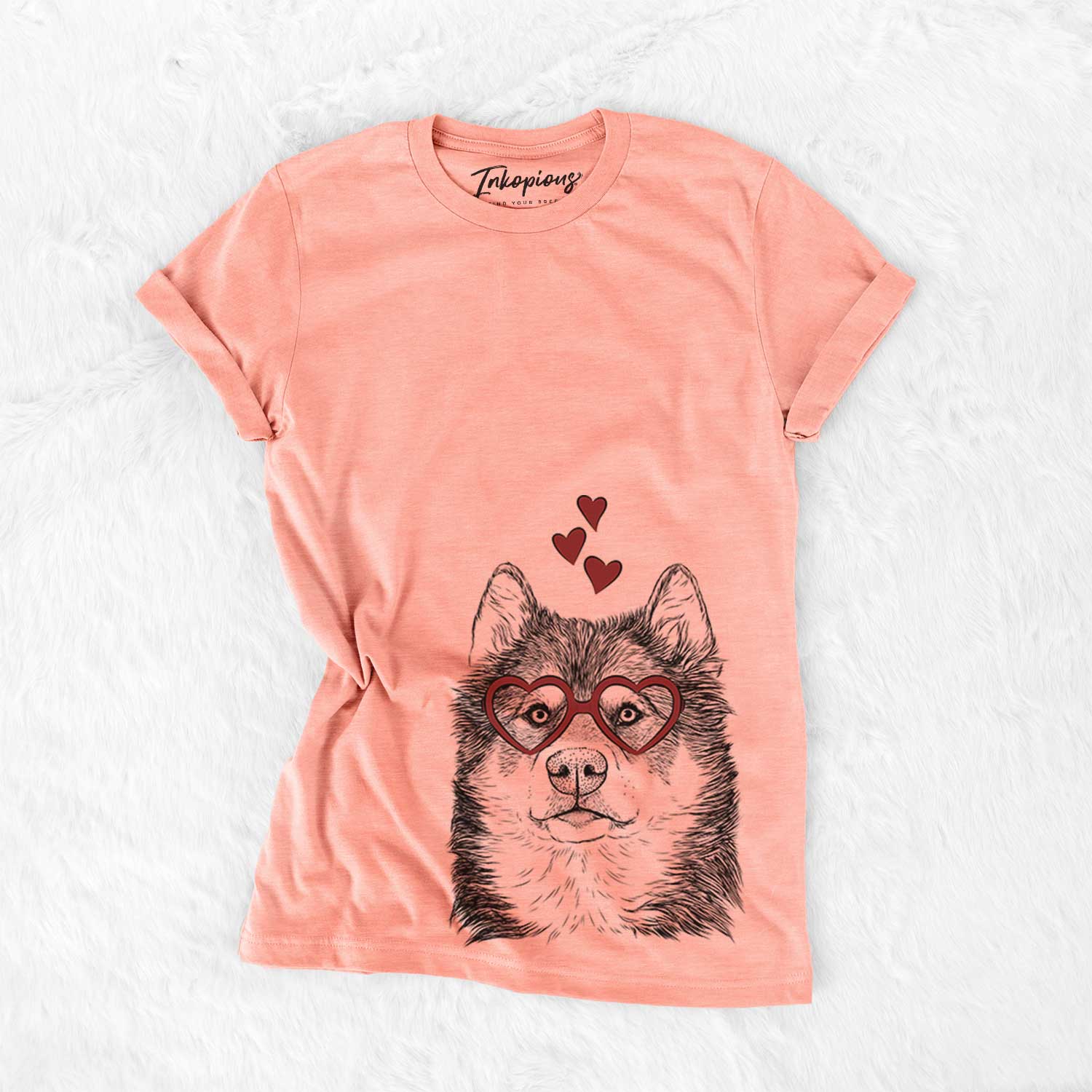 Hand-drawn sketch of Oskar the Canadian Eskimo Dog wearing heart-shaped glasses on a Sunset Bella Canvas Unisex Crewneck