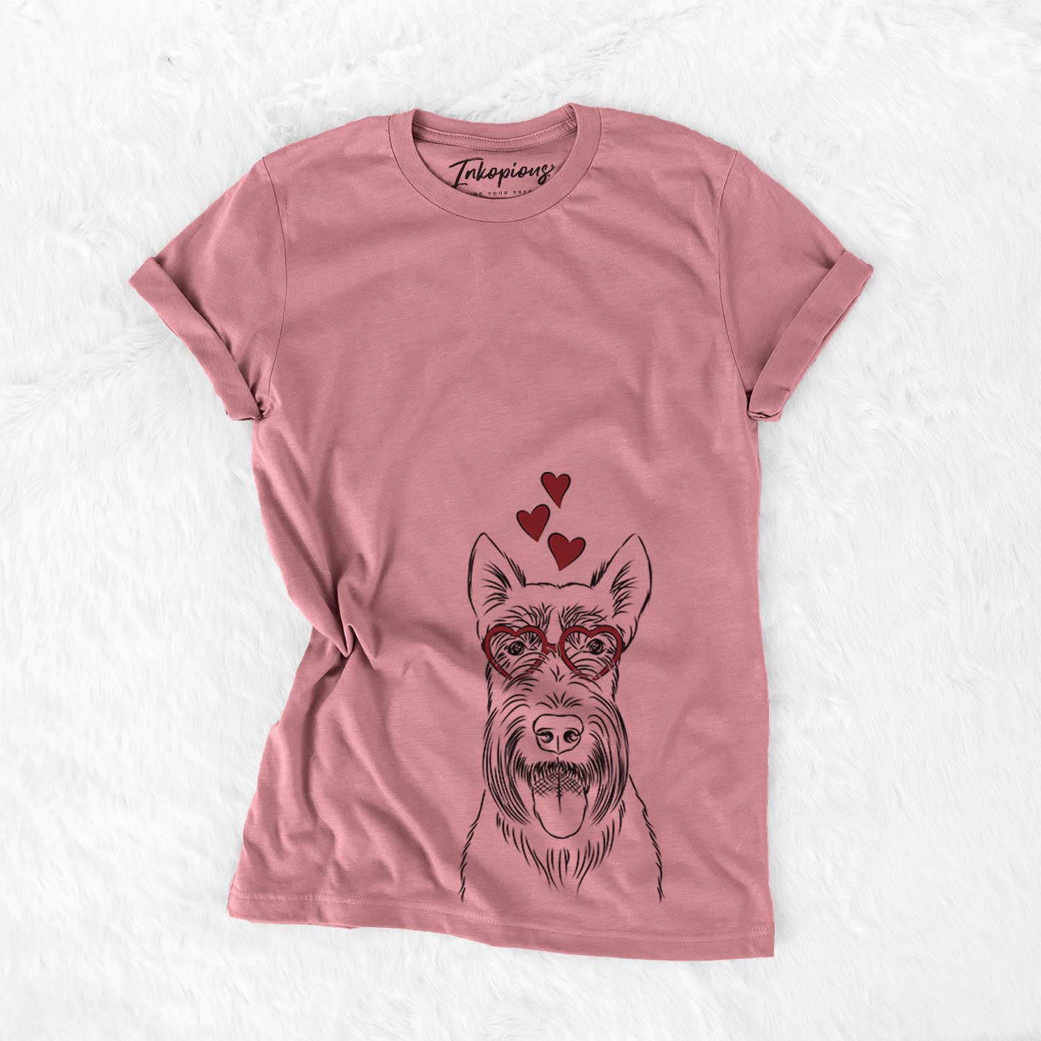 Hand-drawn sketch of Oswald the Scottish Terrier wearing heart-shaped glasses on a Mauve Bella Canvas Unisex Crewneck