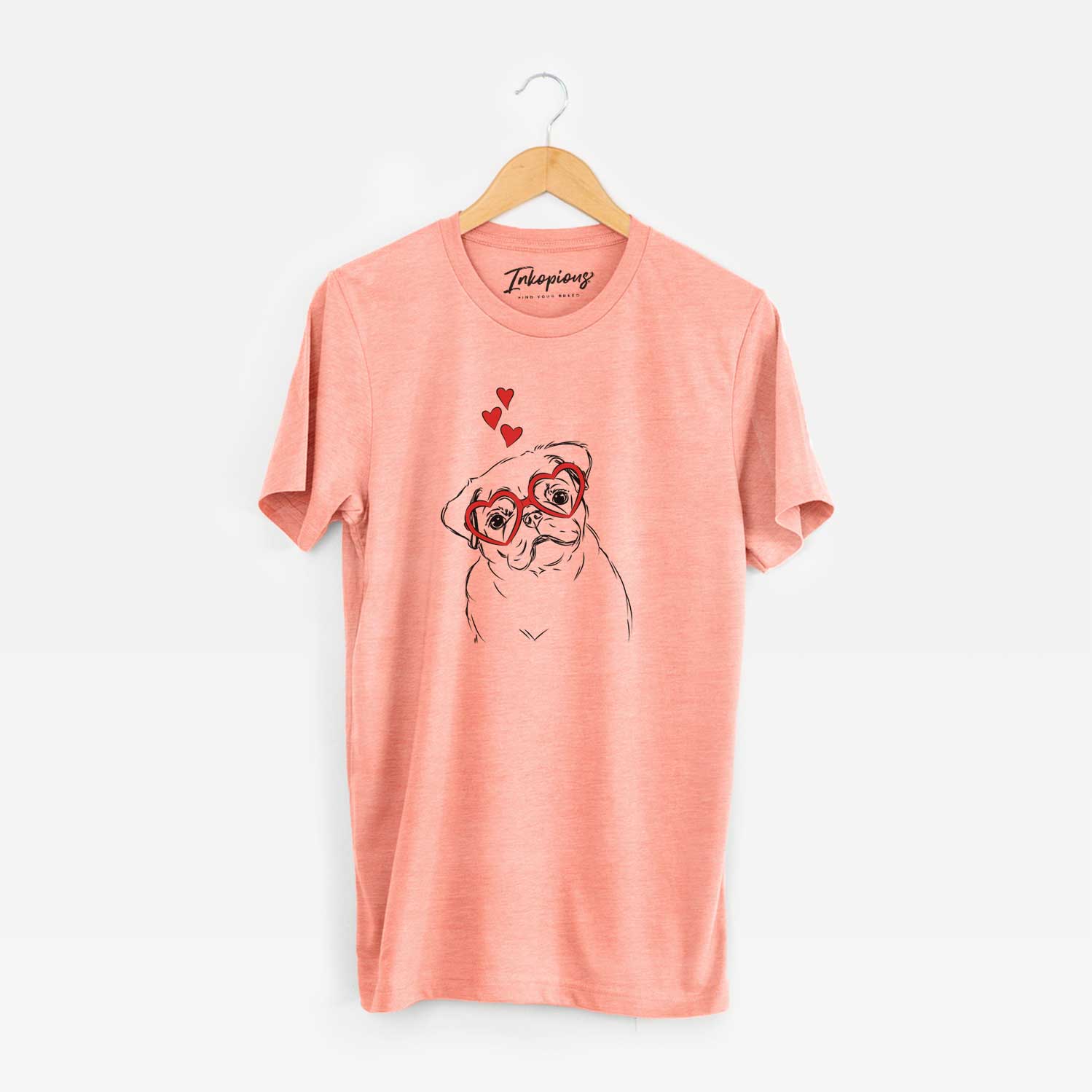 Hand-drawn sketch of Otis the Pug wearing heart-shaped glasses on a Sunset Unisex crewneck