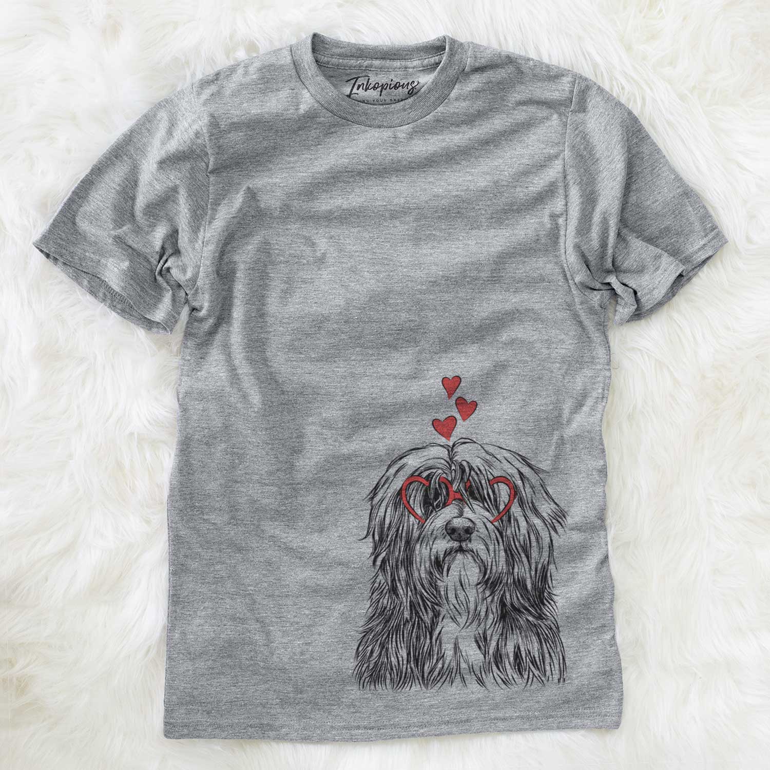 Hand-drawn sketch of Otto the Polish Lowland Sheepdog wearing heart-shaped glasses on a Grey Unisex crewneck