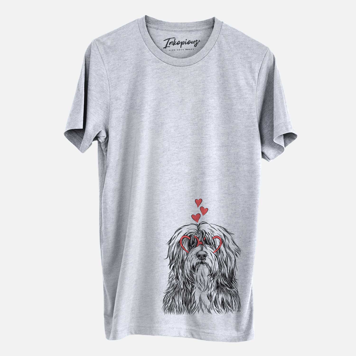 Hand-drawn sketch of Otto the Polish Lowland Sheepdog wearing heart-shaped glasses on a Grey Unisex crewneck