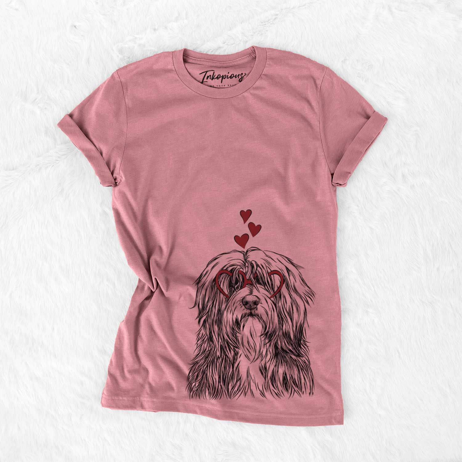 Hand-drawn sketch of Otto the Polish Lowland Sheepdog wearing heart-shaped glasses on a Mauve Bella Canvas Unisex Crewneck
