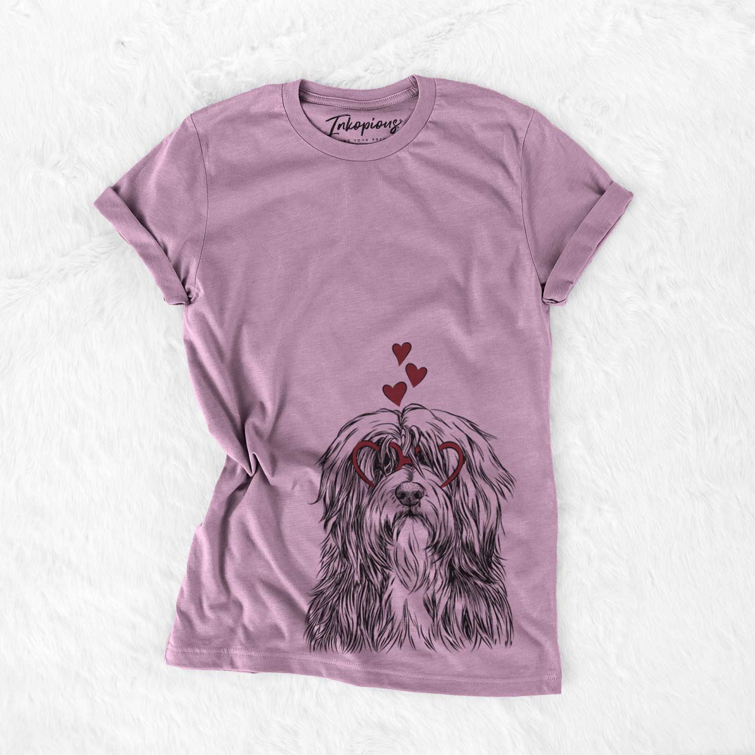 Hand-drawn sketch of Otto the Polish Lowland Sheepdog wearing heart-shaped glasses on an Orchid Bella Canvas Unisex Crewneck
