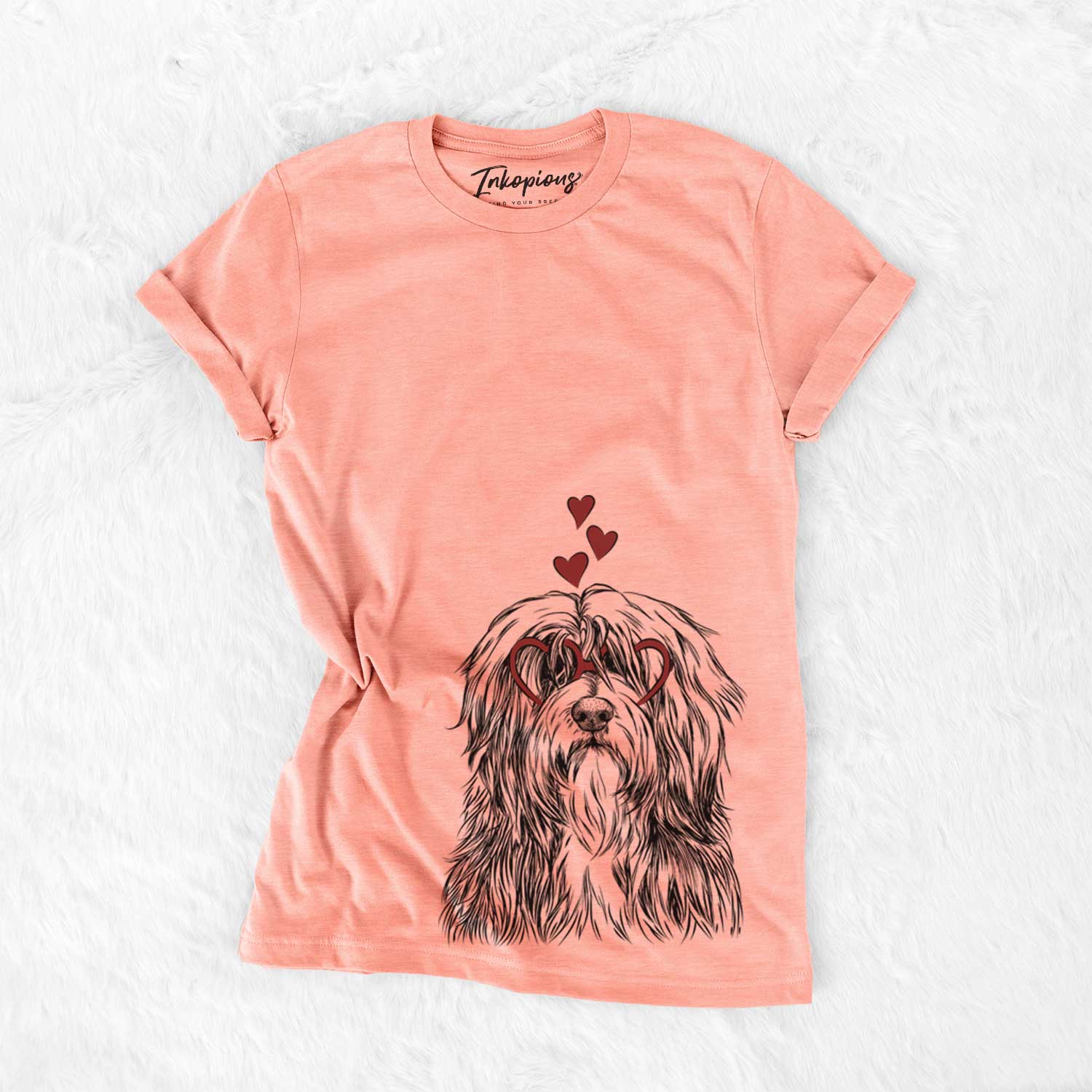 Hand-drawn sketch of Otto the Polish Lowland Sheepdog wearing heart-shaped glasses on a Sunset Bella Canvas Unisex Crewneck