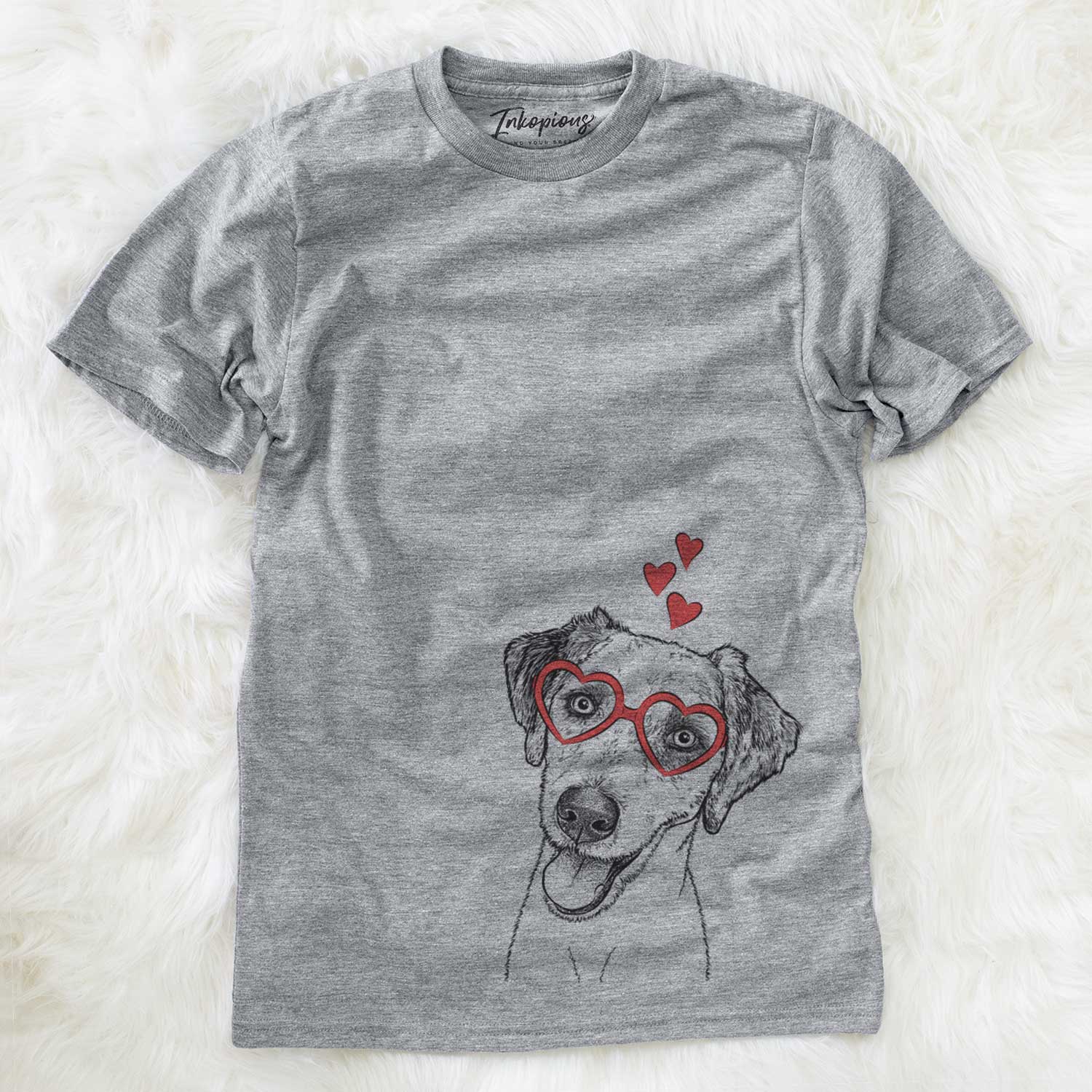 Hand-drawn sketch of Palm Palm the Aussiedoodle wearing heart-shaped glasses on a Grey Unisex crewneck