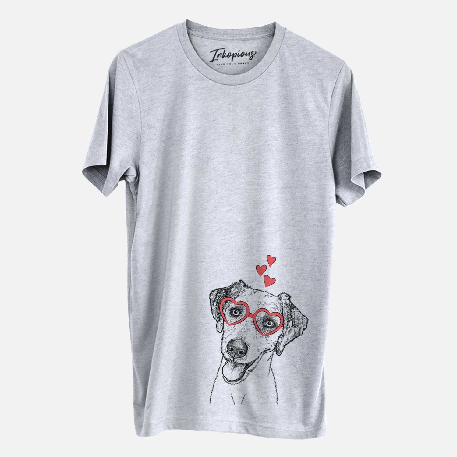 Hand-drawn sketch of Palm Palm the Aussiedoodle wearing heart-shaped glasses on a Grey Unisex crewneck