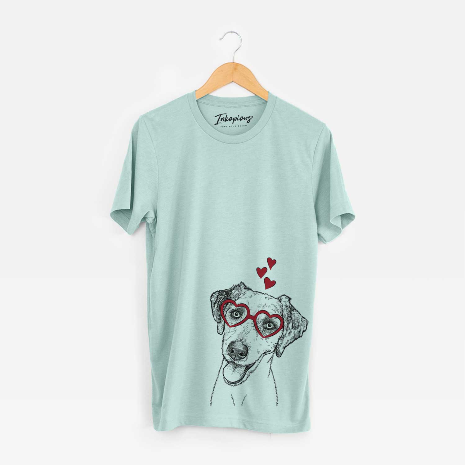 Hand-drawn sketch of Palm Palm the Aussiedoddle wearing heart-shaped glasses on a Heather Sage Bella Canvas Unisex Crewneck