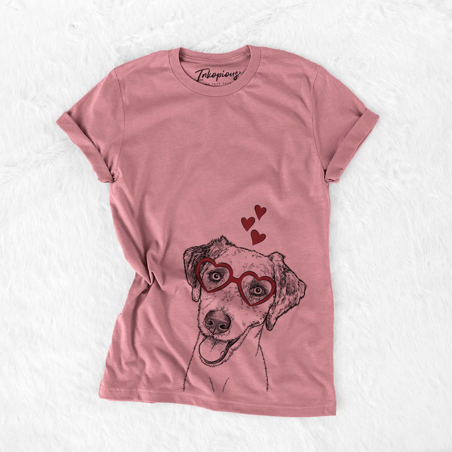 Hand-drawn sketch of Palm Palm the Aussiedoddle wearing heart-shaped glasses on a Mauve Bella Canvas Unisex Crewneck