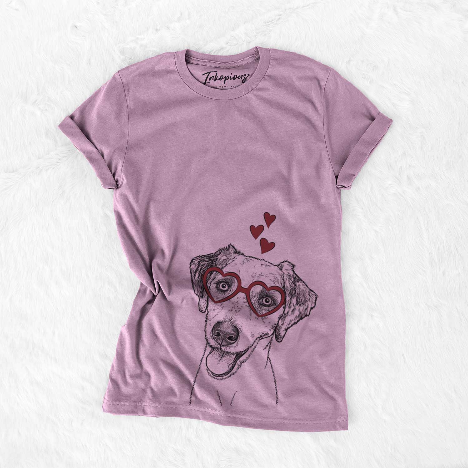 Hand-drawn sketch of Palm Palm the Aussiedoddle wearing heart-shaped glasses on an Orchid Bella Canvas Unisex Crewneck