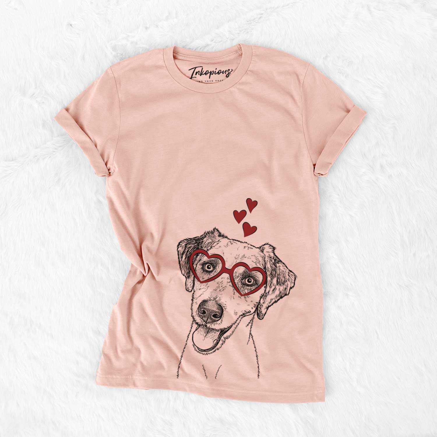 Hand-drawn sketch of Palm Palm the Aussiedoddle wearing heart-shaped glasses on a Peach Bella Canvas Unisex Crewneck