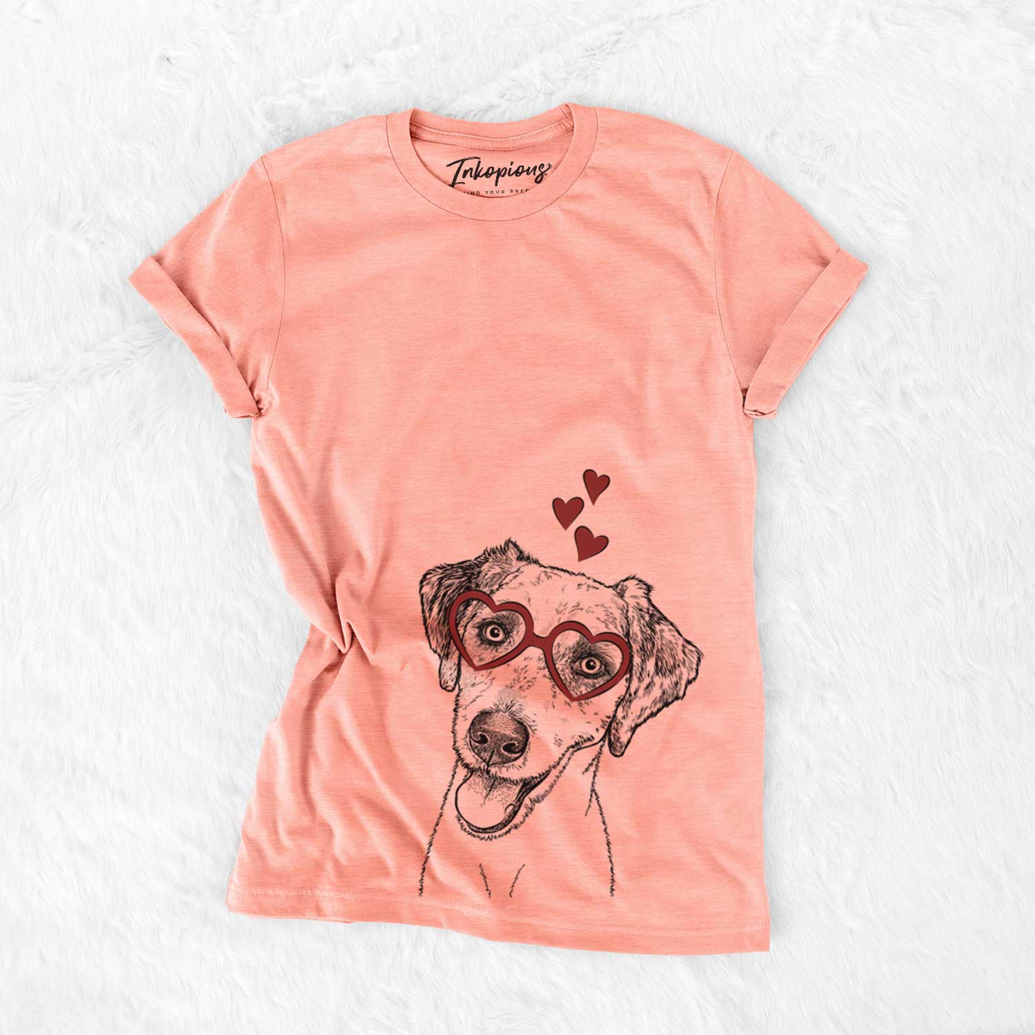 Hand-drawn sketch of Palm Palm the Aussiedoddle wearing heart-shaped glasses on a Sunset Bella Canvas Unisex Crewneck