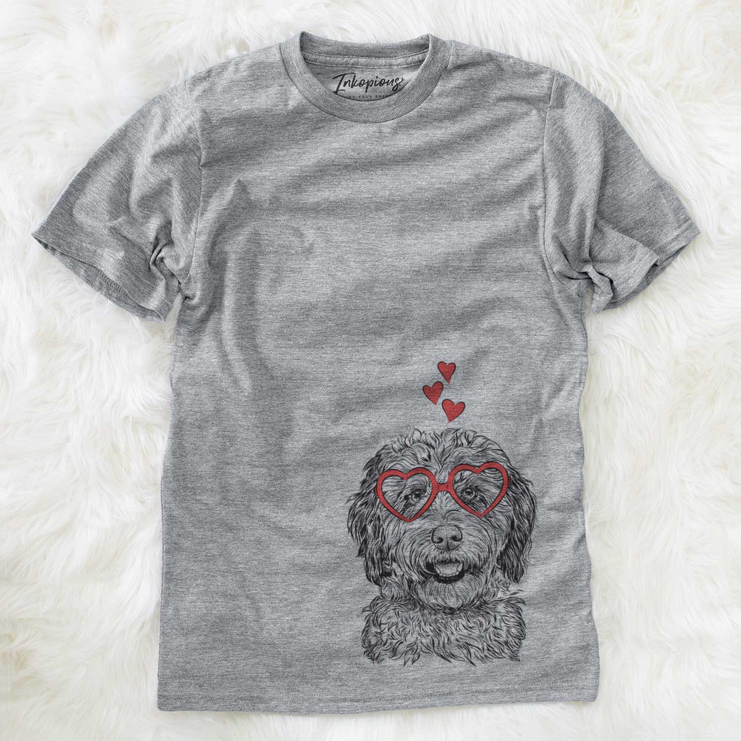 Hand-drawn sketch of Palmer the Aussiedoodle wearing heart-shaped glasses on a Grey Unisex crewneck