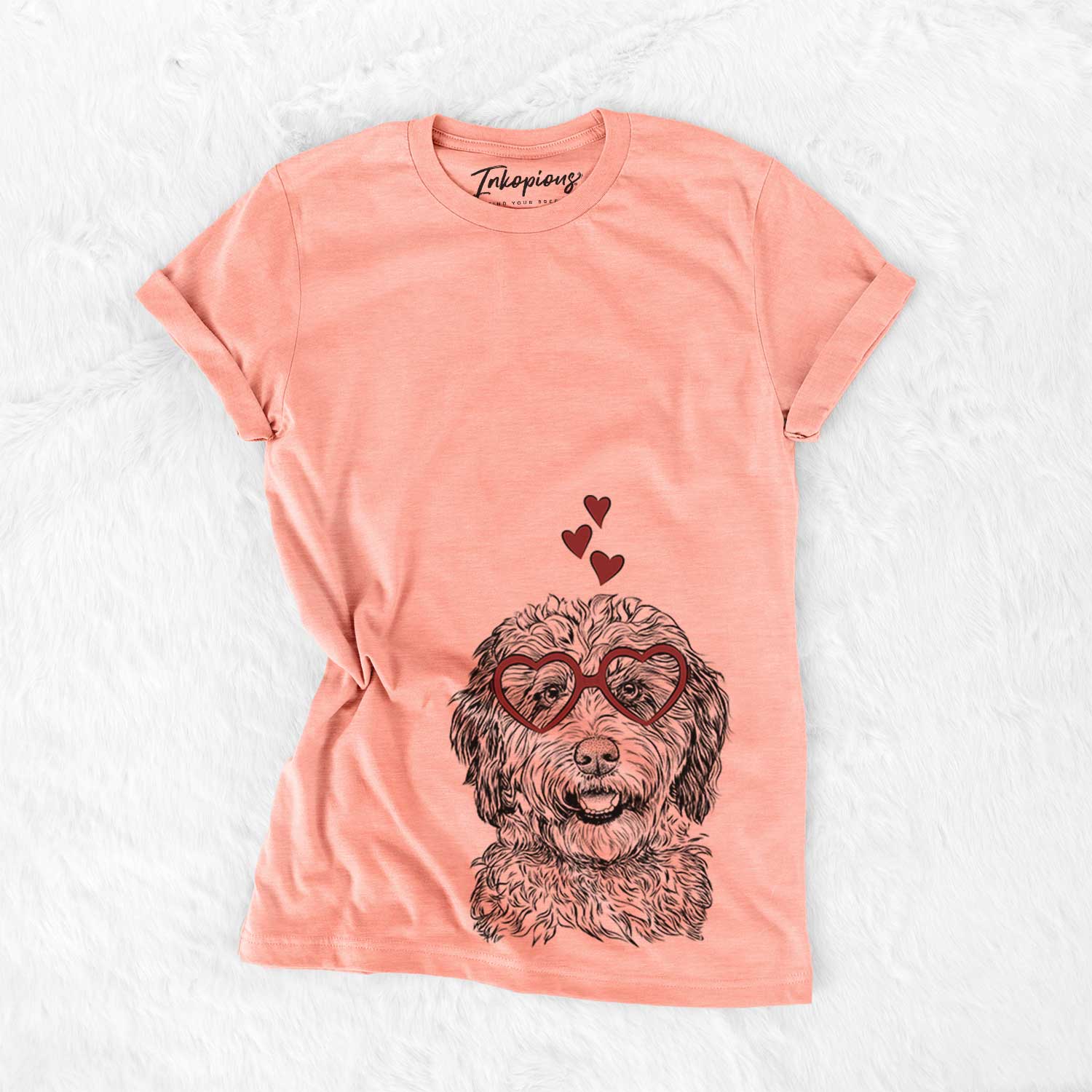 Hand-drawn sketch of Palmer the Aussiedoodle wearing heart-shaped glasses on a Sunset Bella Canvas Unisex Crewneck