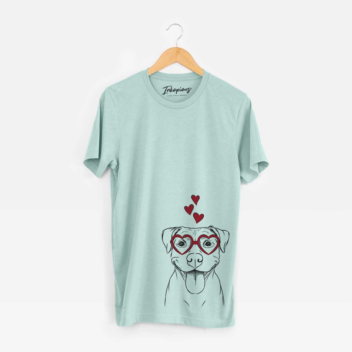Hand-drawn sketch of Parker the Pitbull wearing heart-shaped glasses on a Heather Sage Bella Canvas Unisex Crewneck