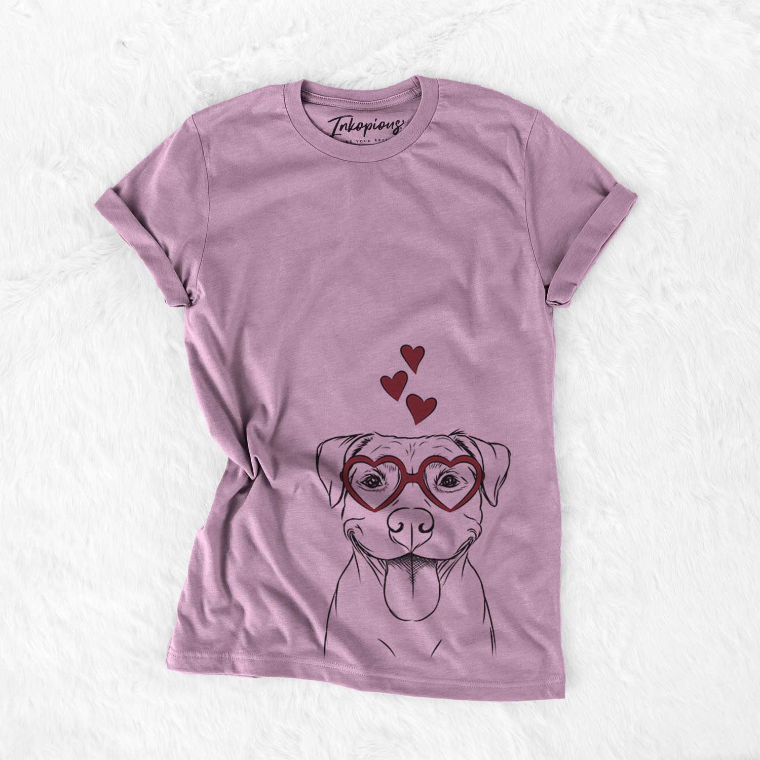 Hand-drawn sketch of Parker the Pitbull wearing heart-shaped glasses on an Orchid Bella Canvas Unisex Crewneck