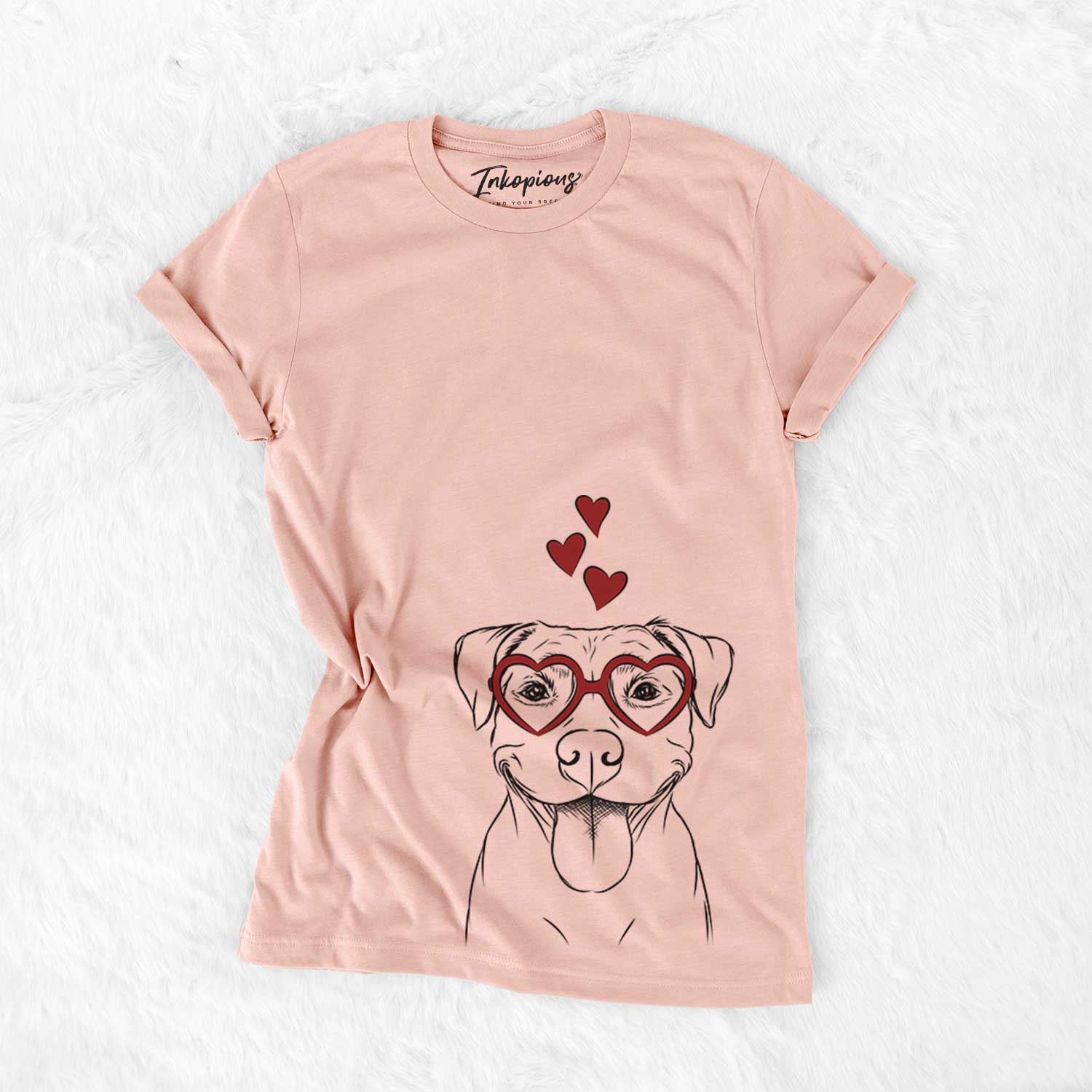 Hand-drawn sketch of Parker the Pitbull wearing heart-shaped glasses on a Peach Bella Canvas Unisex Crewneck