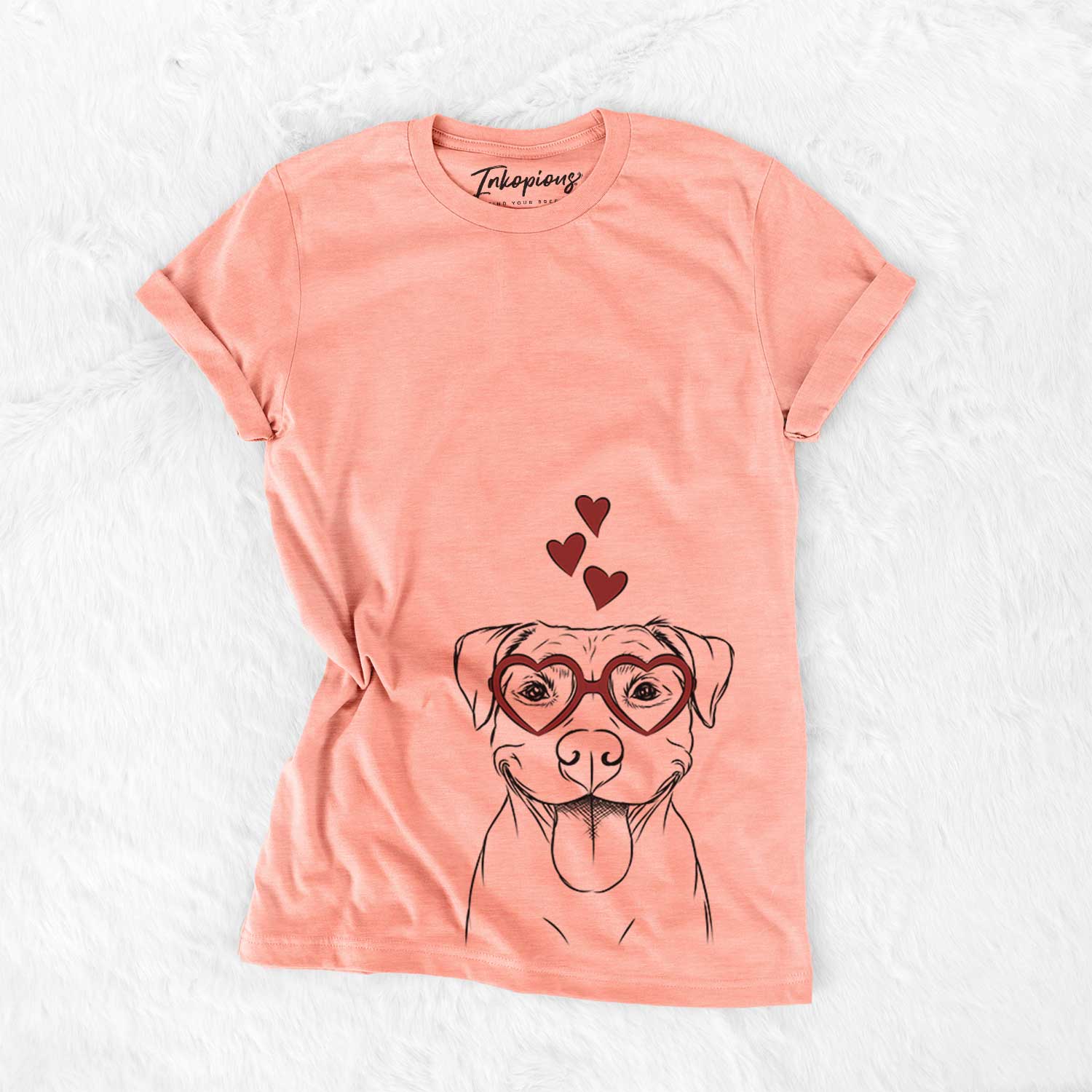 Hand-drawn sketch of Parker the Pitbull wearing heart-shaped glasses on a Sunset Bella Canvas Unisex Crewneck