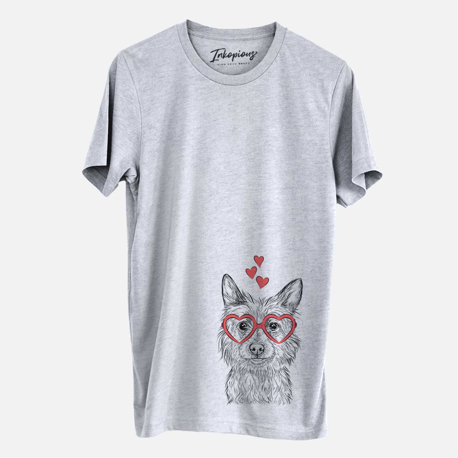 Hand-drawn sketch of Paulo the Portuguese Podengo wearing heart-shaped glasses on a Grey Unisex crewneck