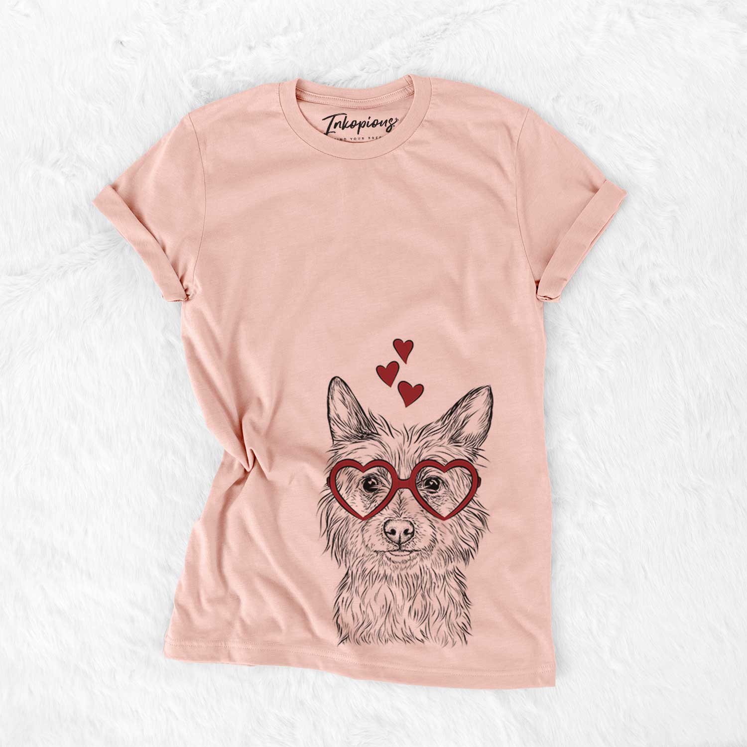 Hand-drawn sketch of Paulo the Portuguese Podengo wearing heart-shaped glasses on a Peach Bella Canvas Unisex Crewneck