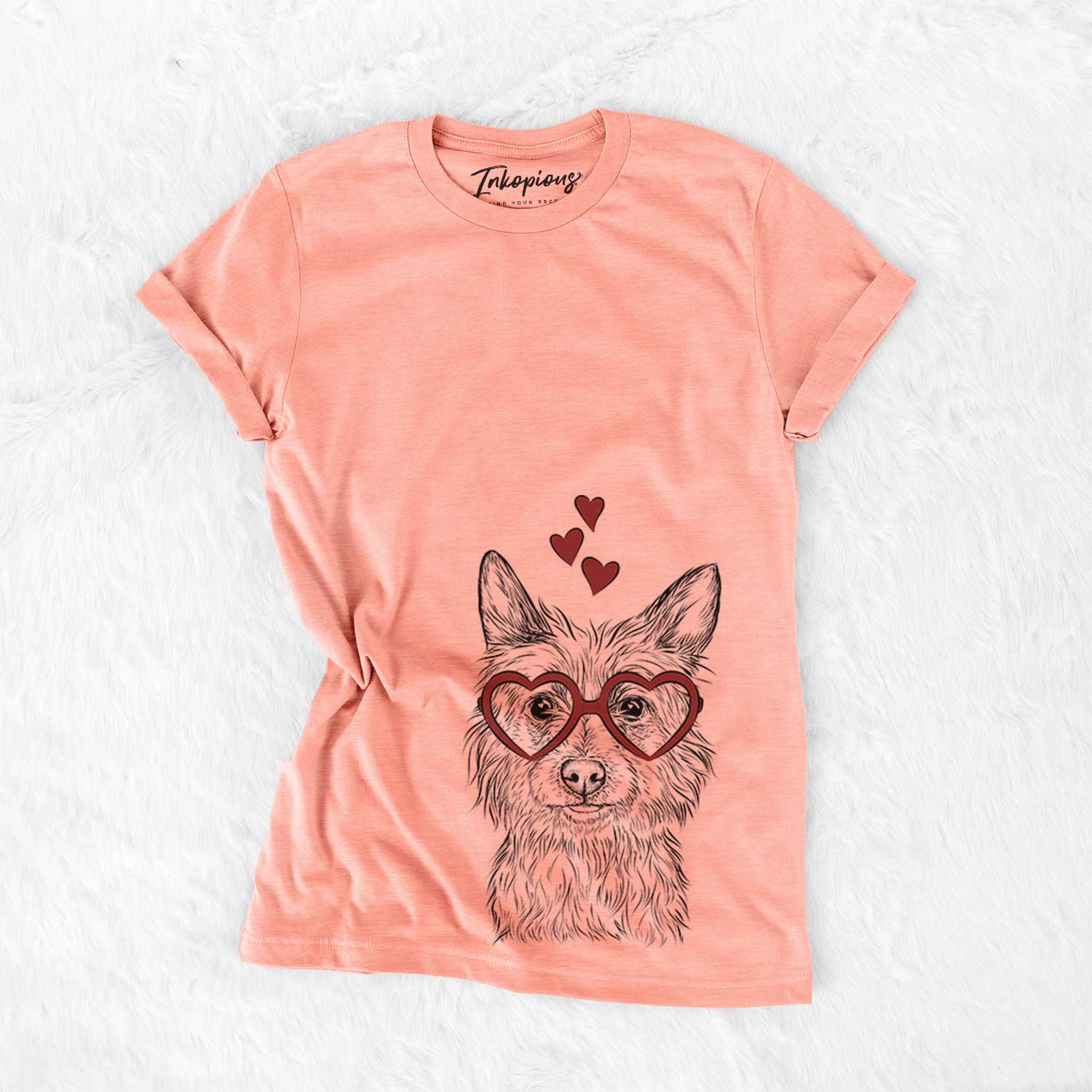 Hand-drawn sketch of Paulo the Portuguese Podengo wearing heart-shaped glasses on a Sunset Bella Canvas Unisex Crewneck