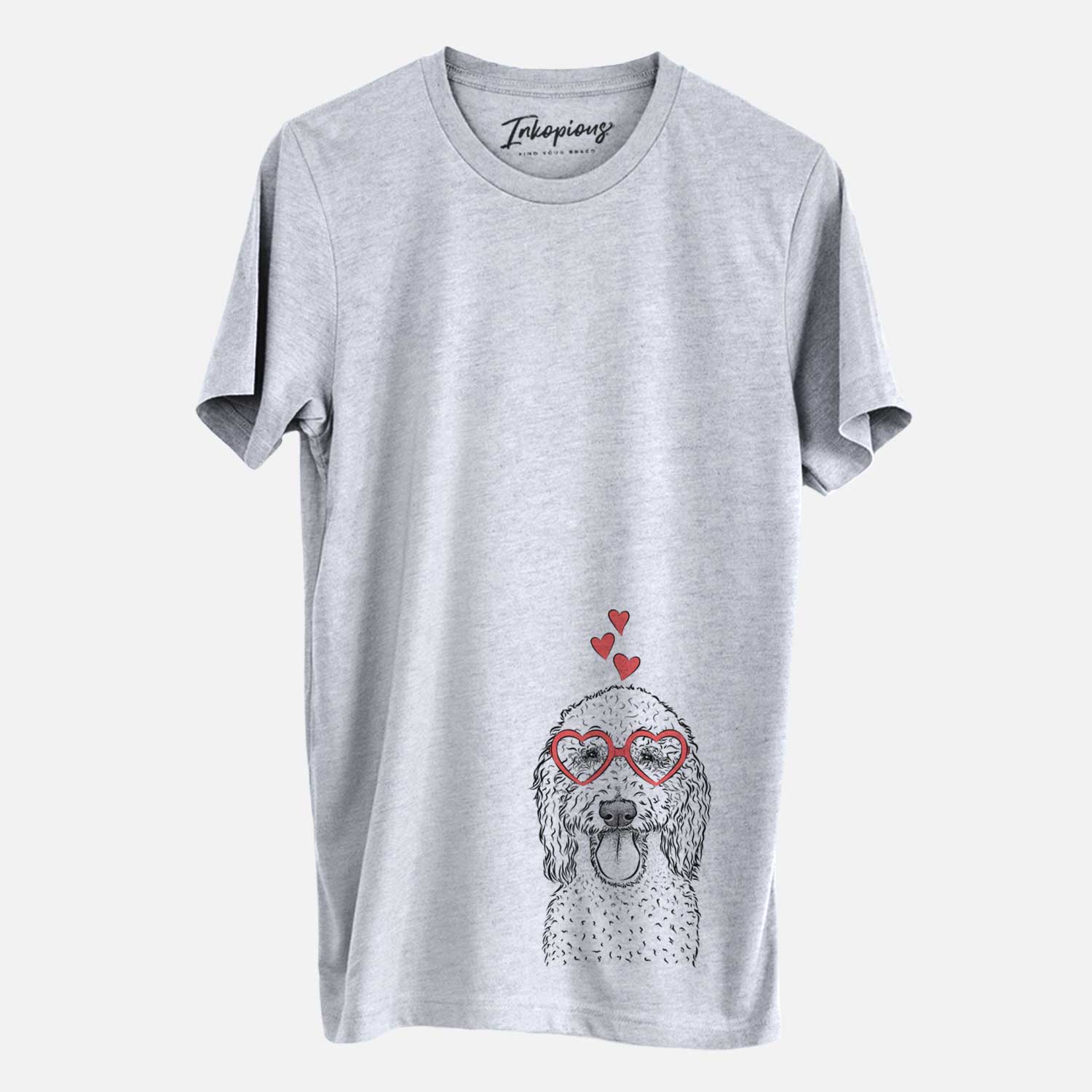Hand-drawn sketch of Pavlov the Goldendoodle wearing heart-shaped glasses on a Grey Unisex crewneck