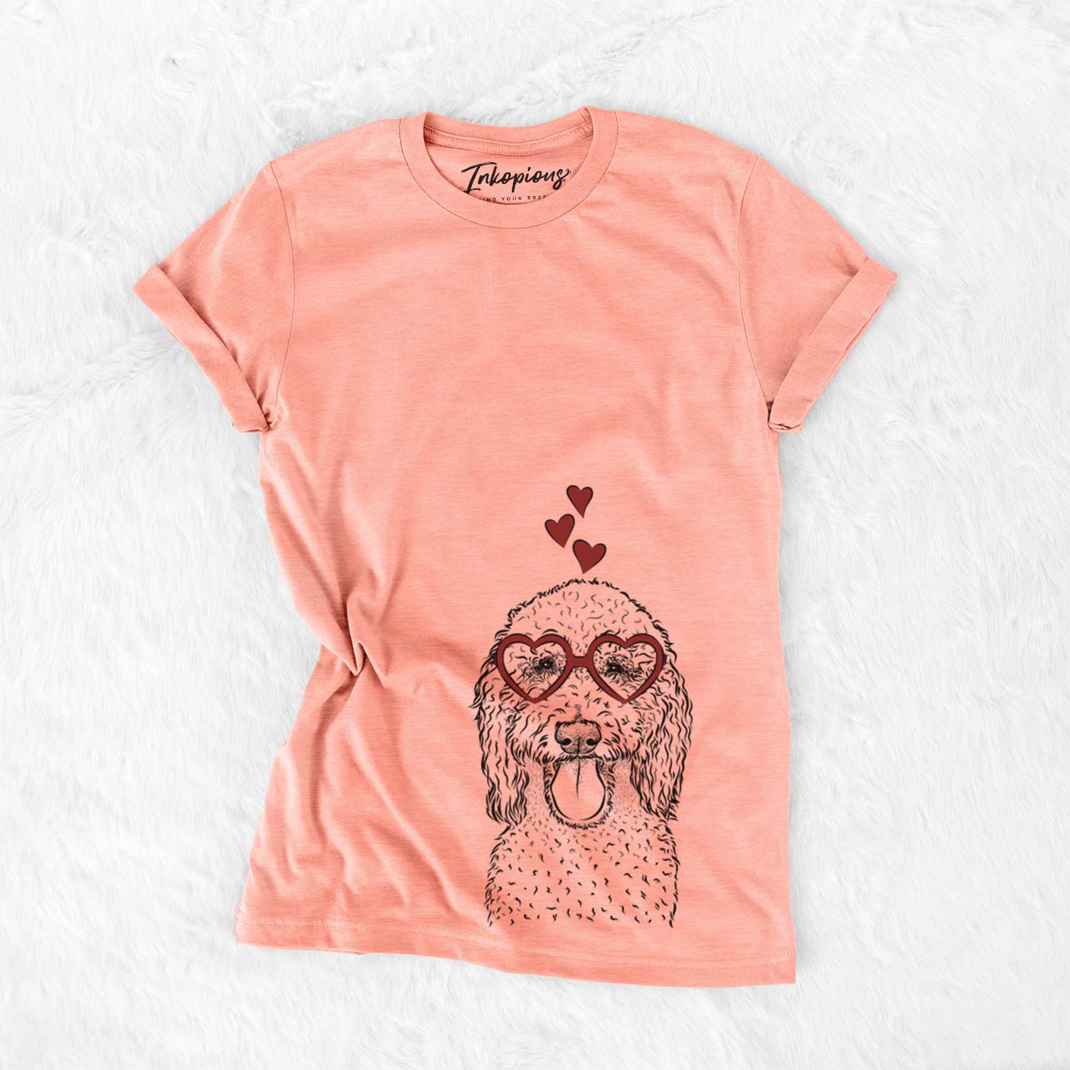 Hand-drawn sketch of Pavlov the Goldendoodle wearing heart-shaped glasses on a Sunset Bella Canvas Unisex Crewneck