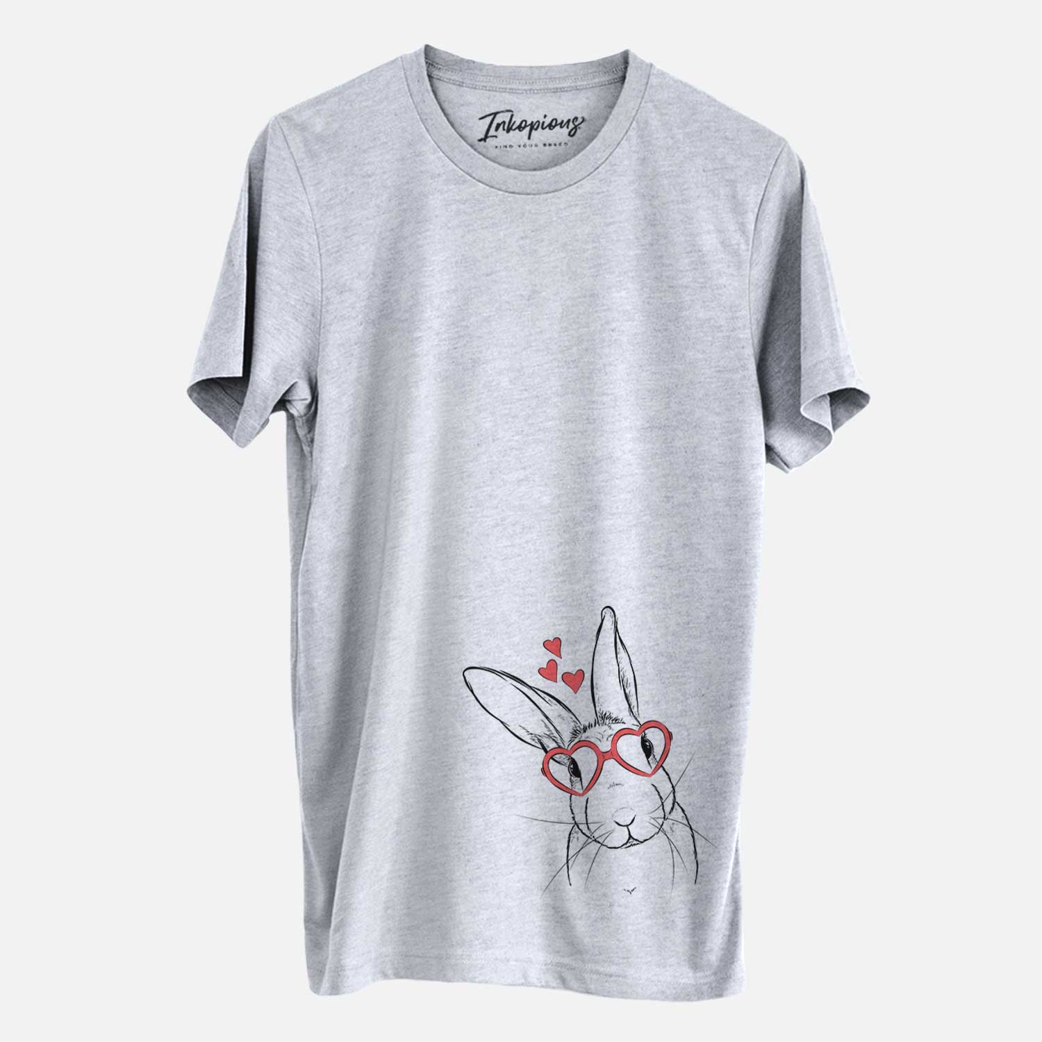Hand-drawn sketch of Penny the Belgian Hare wearing heart-shaped glasses on a Grey Unisex crewneck