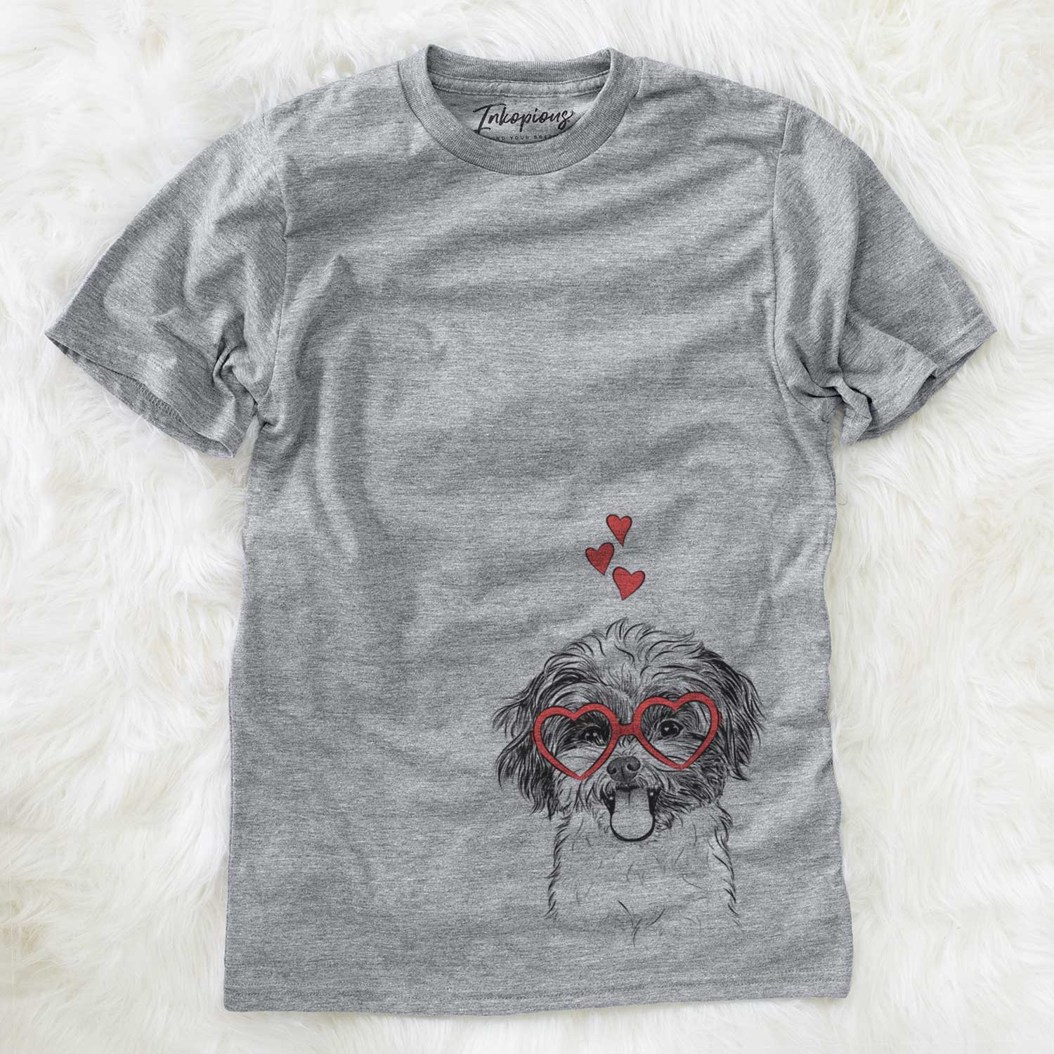 Hand-drawn sketch of Pepper the Shihpoo wearing heart-shaped glasses on a Grey Unisex crewneck