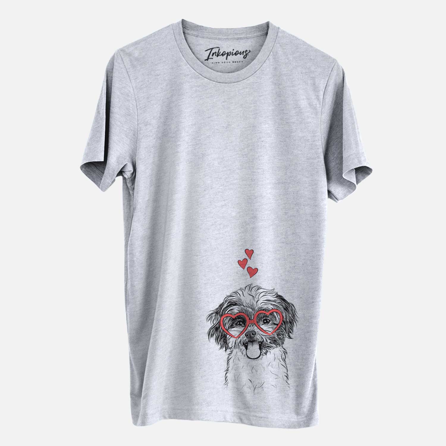 Hand-drawn sketch of Pepper the Shihpoo wearing heart-shaped glasses on a Grey Unisex crewneck