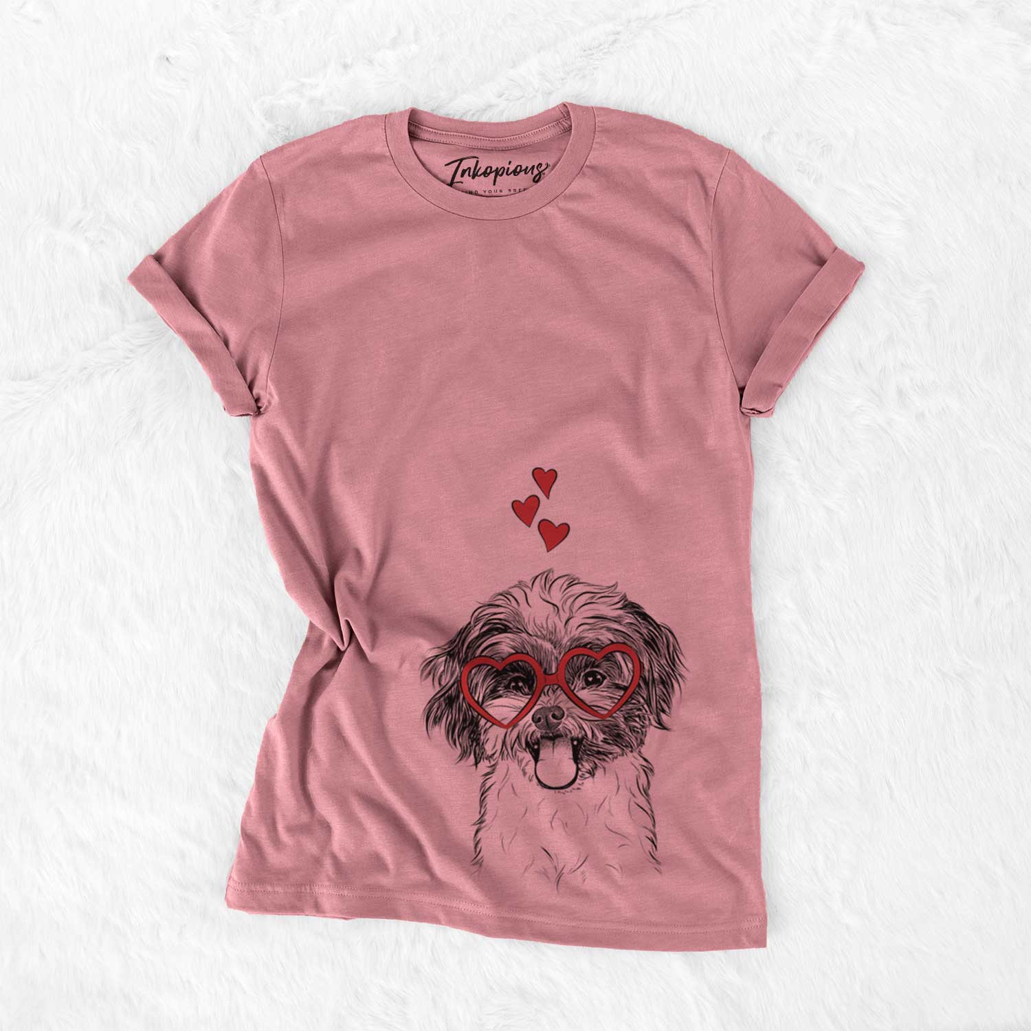 Hand-drawn sketch of Pepper the Shihpoo wearing heart-shaped glasses on a Mauve Bella Canvas Unisex Crewneck