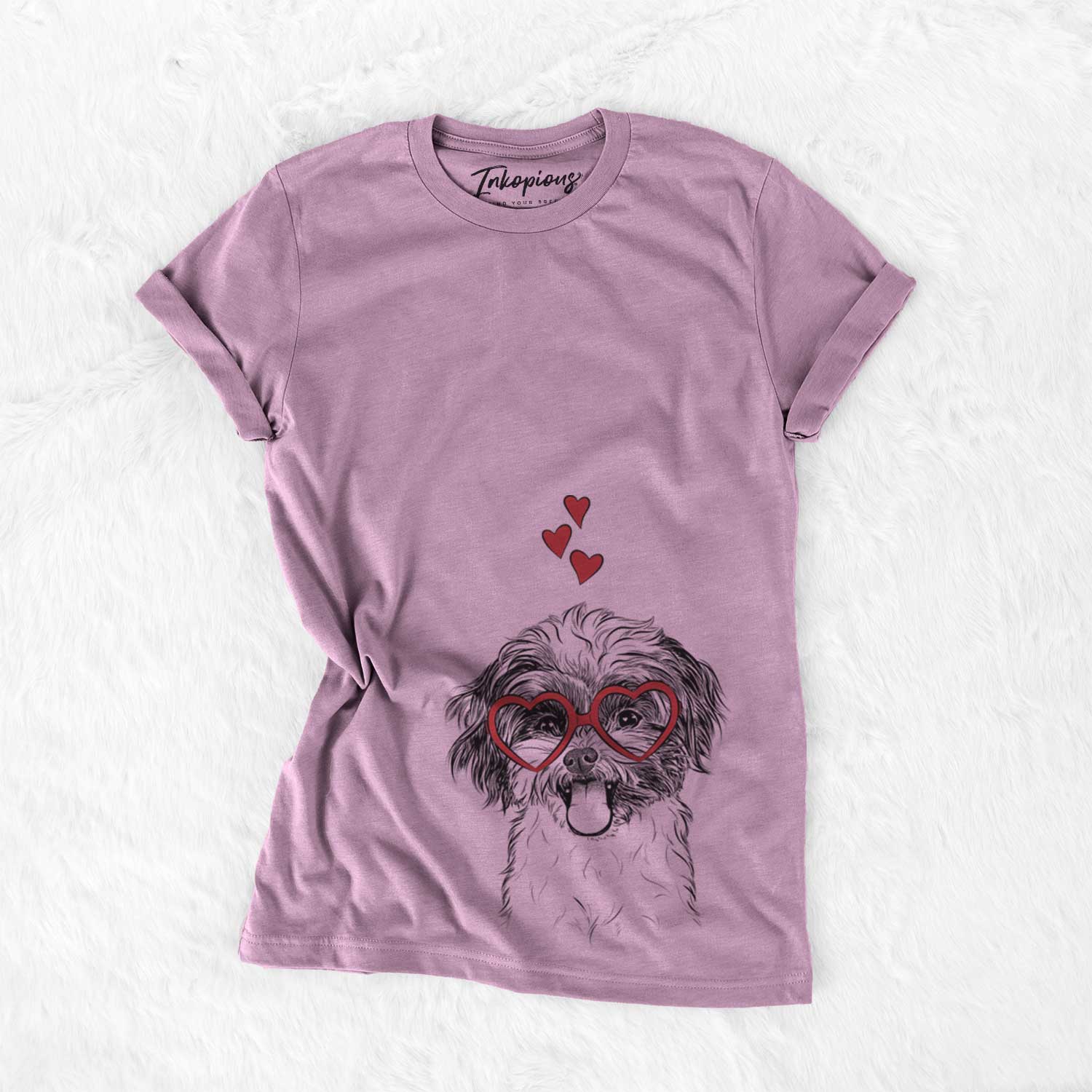 Hand-drawn sketch of Pepper the Shihpoo wearing heart-shaped glasses on an Orchid Bella Canvas Unisex Crewneck