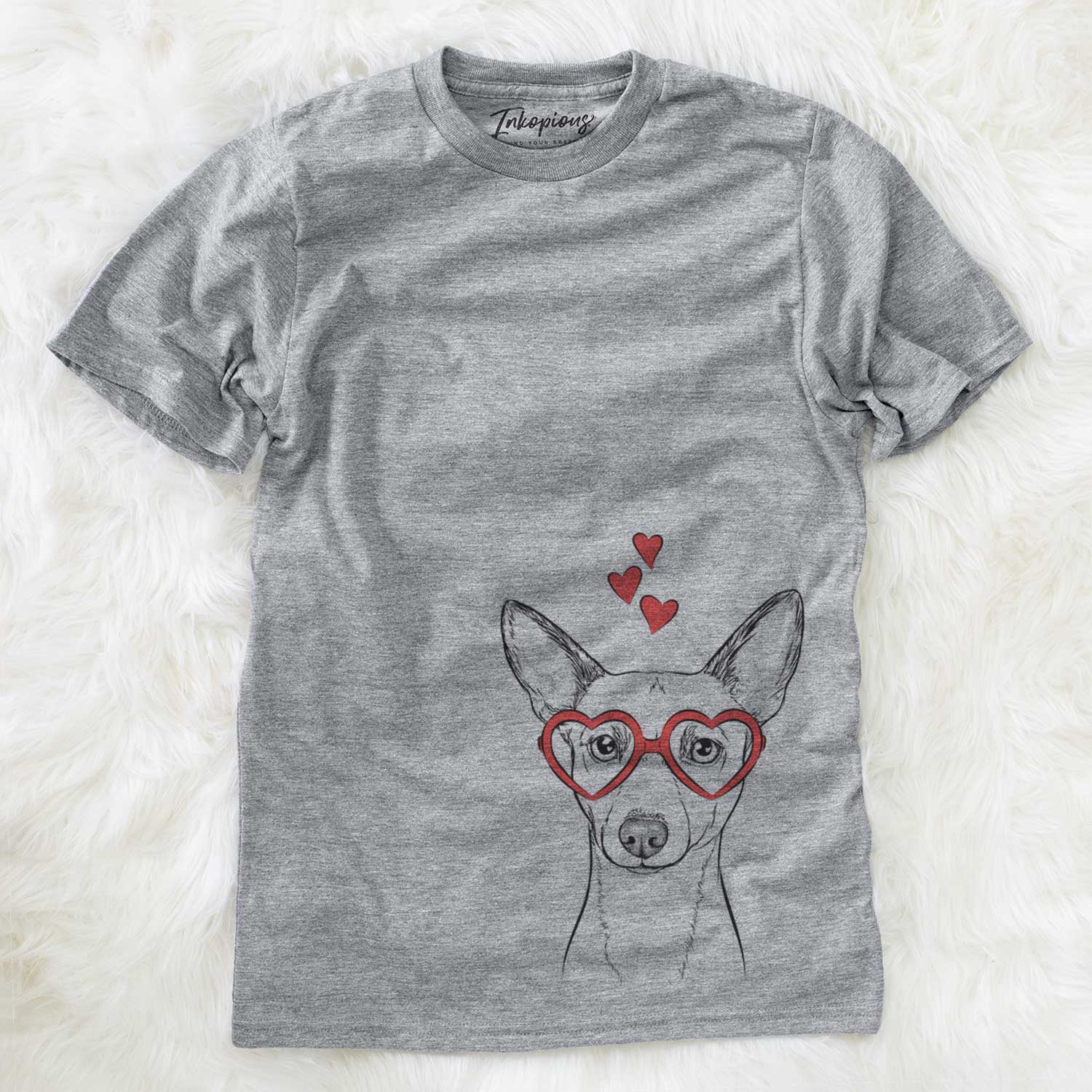 Hand-drawn sketch of Perry the Portuguese Podengo wearing heart-shaped glasses on a Grey Unisex crewneck