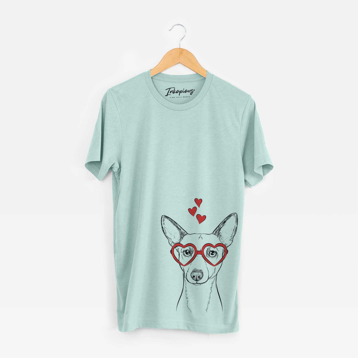 Hand-drawn sketch of Perry the Portuguese Podengo wearing heart-shaped glasses on a Heather Sage Unisex crewneck