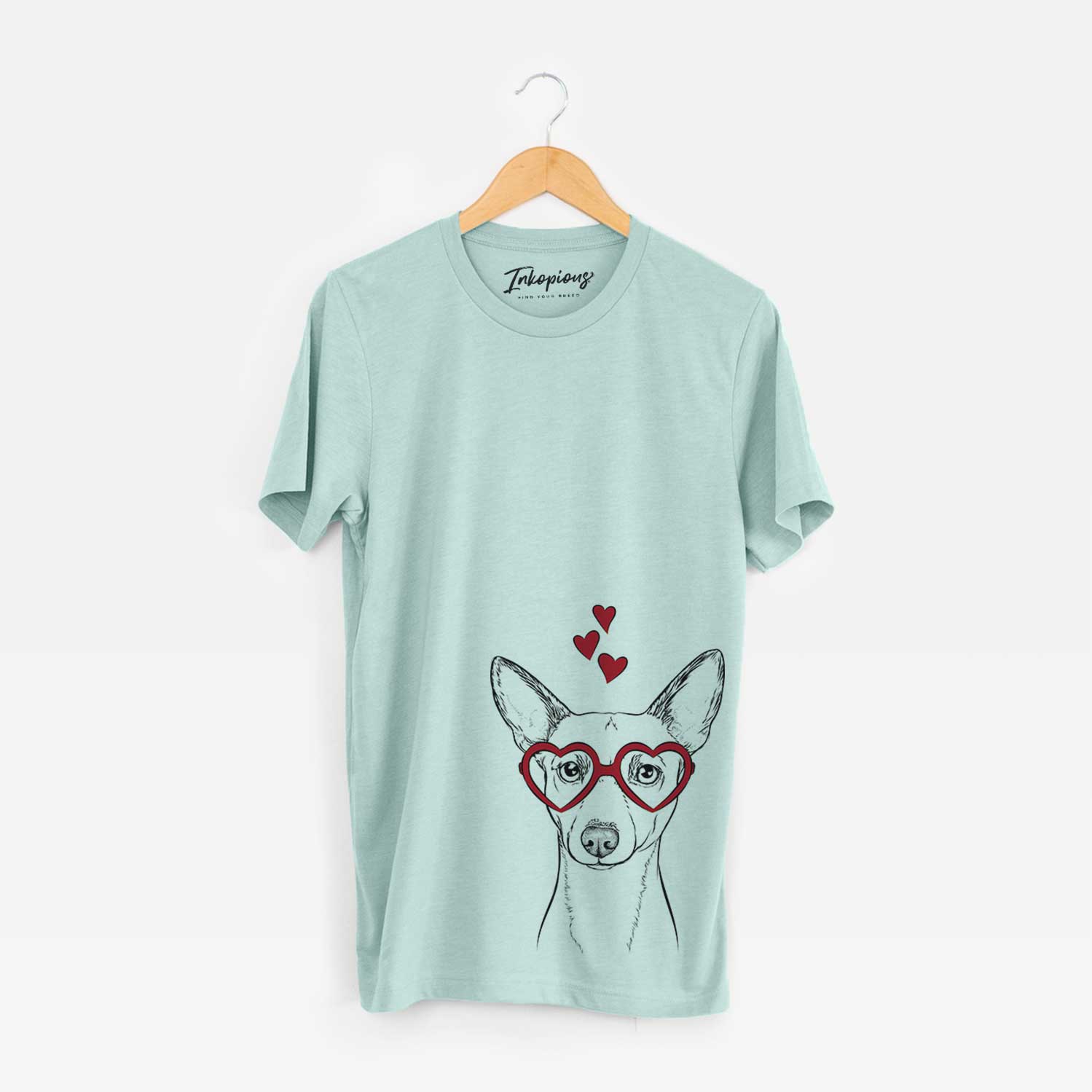 Hand-drawn sketch of Perry the Portuguese Podengo wearing heart-shaped glasses on a Heather Sage Bella Canvas Unisex Crewneck