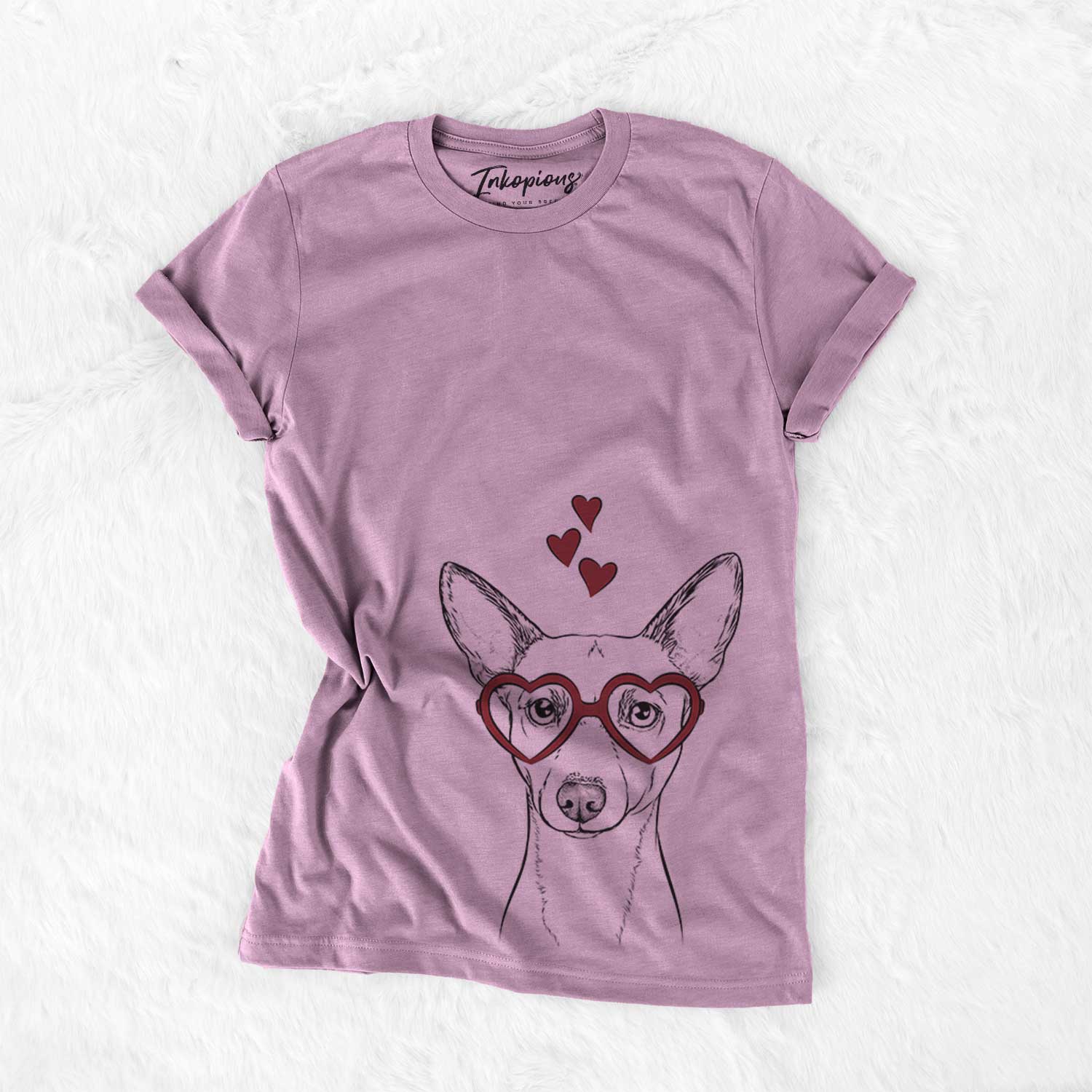 Hand-drawn sketch of Perry the Portuguese Podengo wearing heart-shaped glasses on an Orchid Bella Canvas Unisex Crewneck