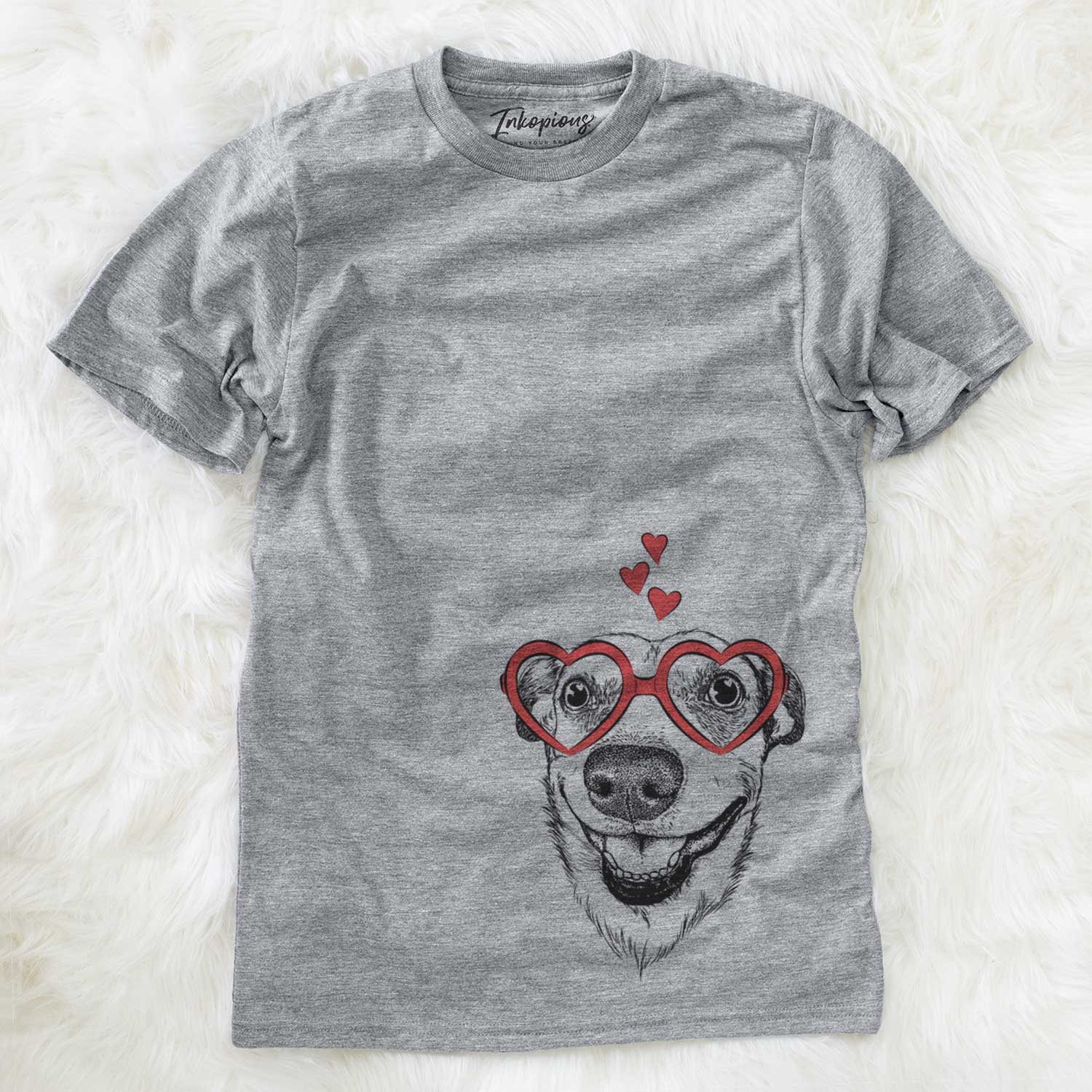 Hand-drawn sketch of Petrah the Staffy Mix wearing heart-shaped glasses on a Grey Unisex crewneck
