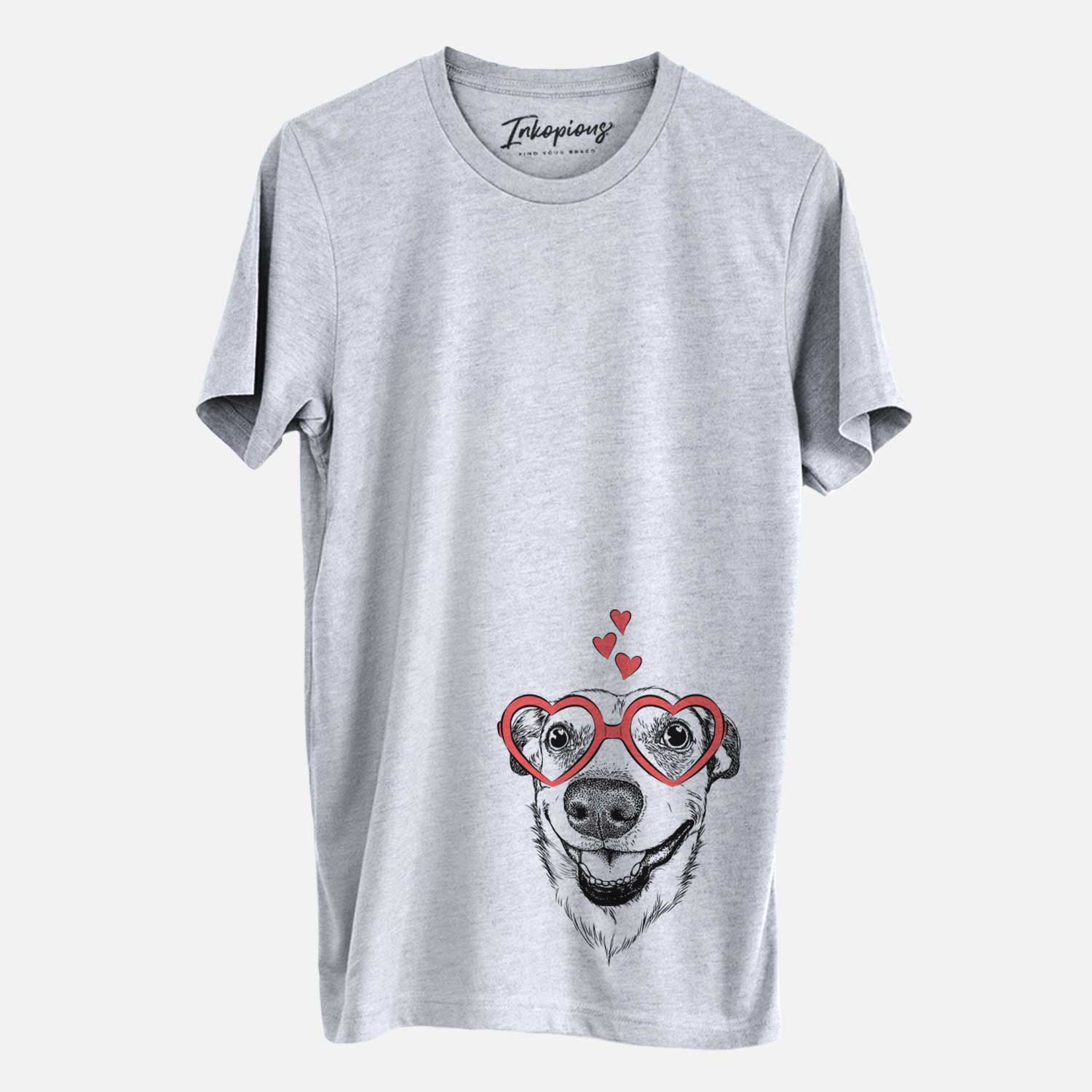 Hand-drawn sketch of Petrah the Staffy Mix wearing heart-shaped glasses on a Grey Unisex crewneck