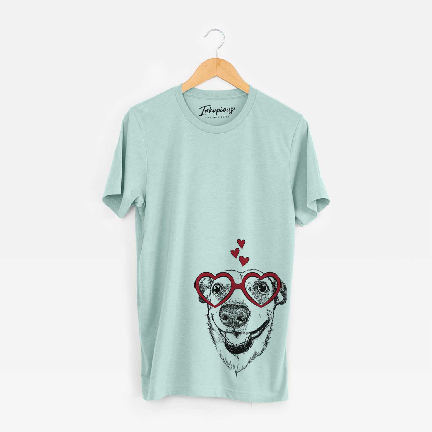Hand-drawn sketch of Petrah the Staffy Mix wearing heart-shaped glasses on a Heather Sage Bella Canvas Unisex Crewneck