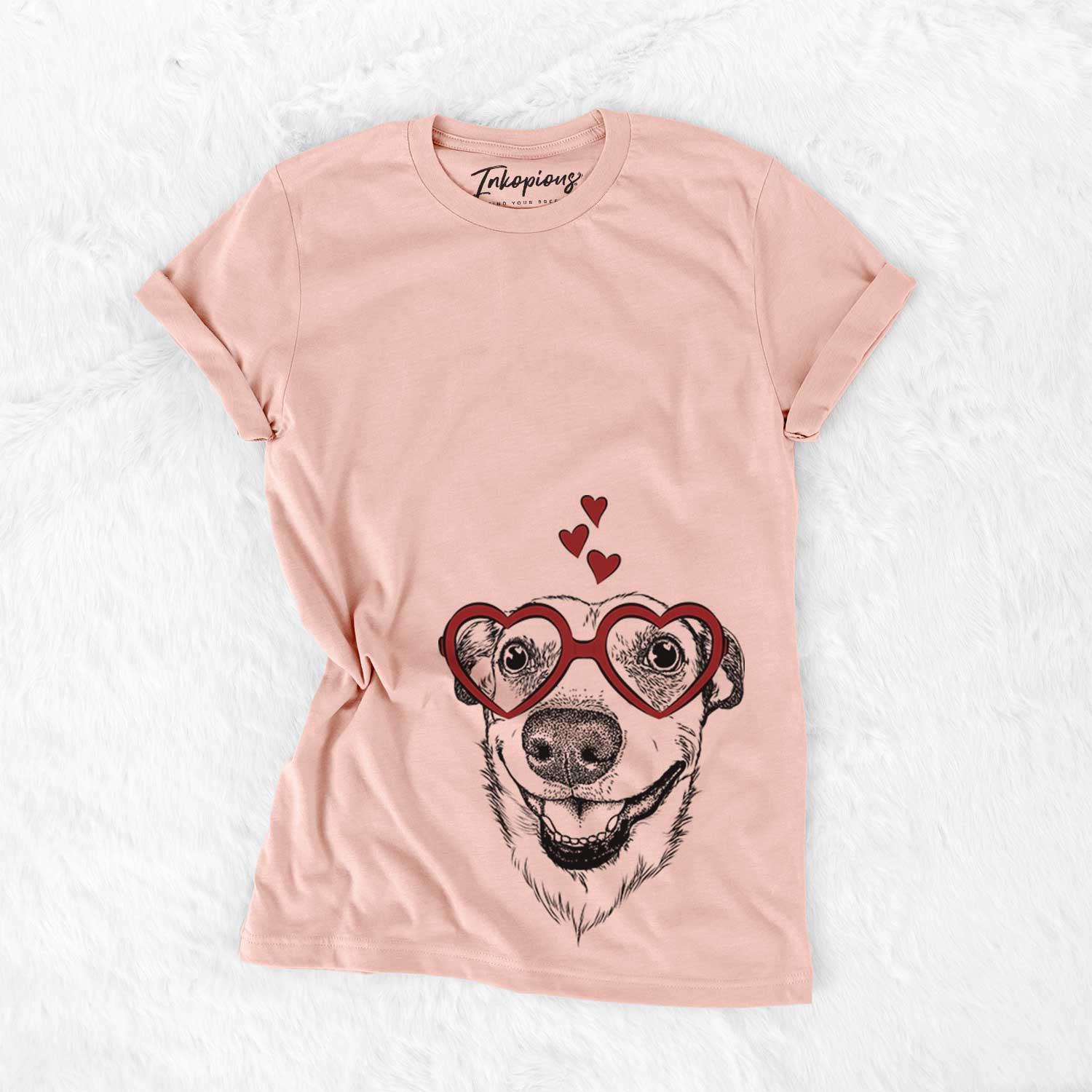 Hand-drawn sketch of Petrah the Staffy Mix wearing heart-shaped glasses on a Peach Bella Canvas Unisex Crewneck